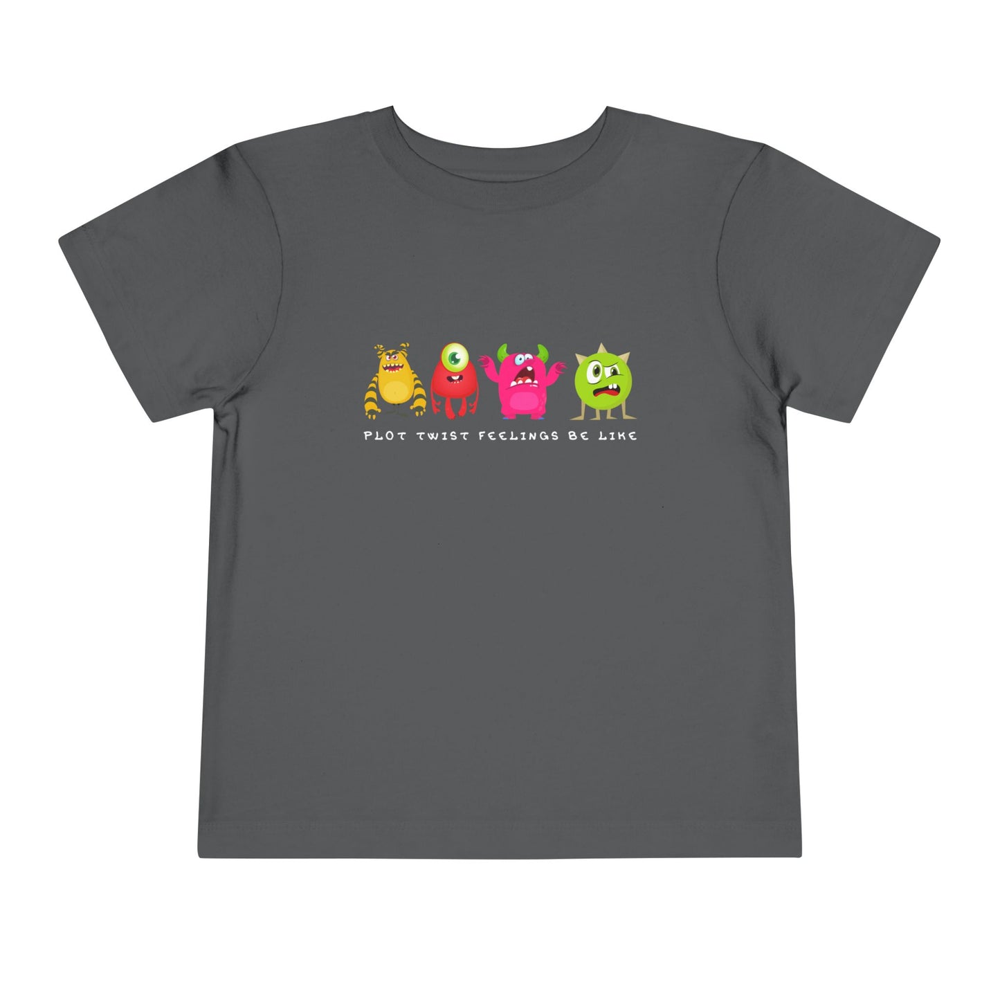 Gray toddler t-shirt with colorful cartoon monsters in a row with grumpy, confused and bewildered faces, text 'plot twist feelings be like'