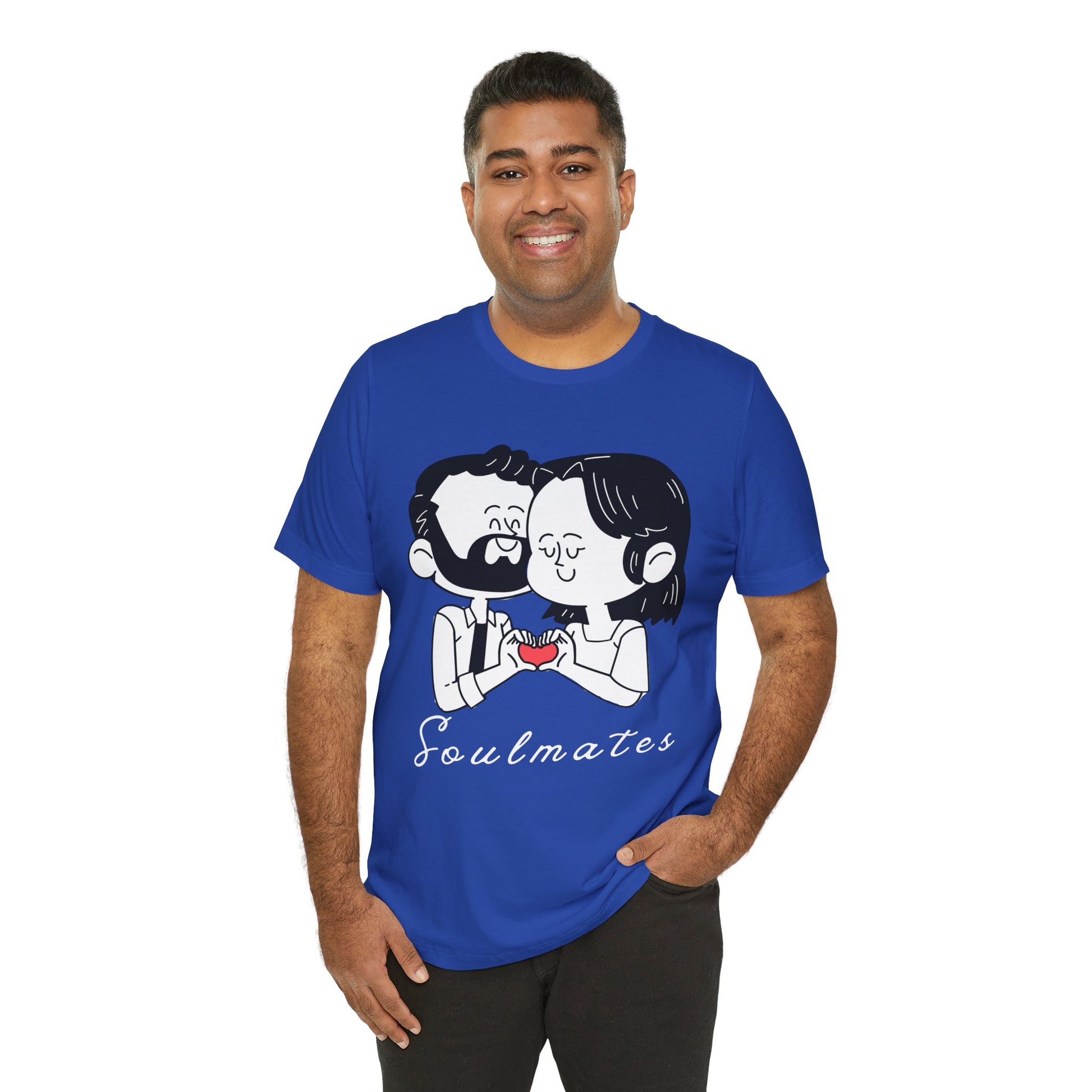 Man wearing a blue t-shirt with a graphic of two people snuggled, making a heart shape by putting their hands together and text 'Soulmates' 