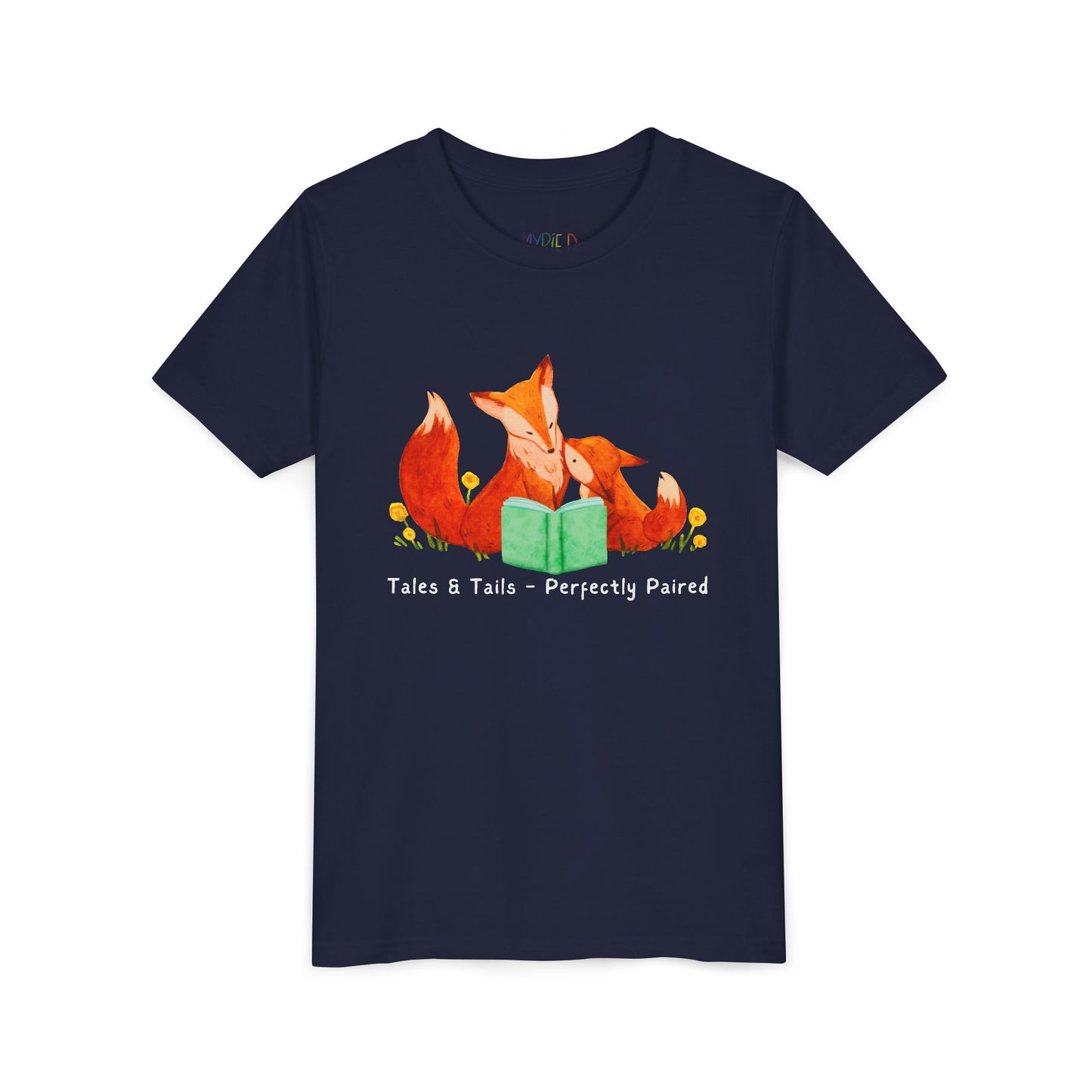 Navy t-shirt with fox family reading a book and text 'tales & tails - perfectly paired'