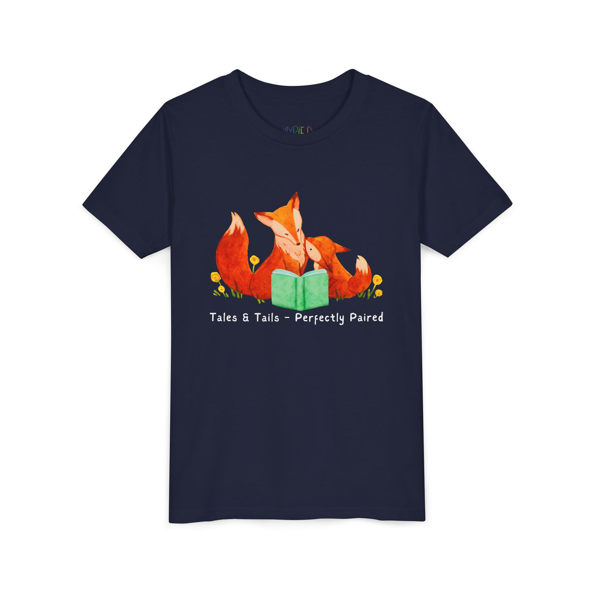 Navy t-shirt with fox family reading a book and text 'tales & tails - perfectly paired'