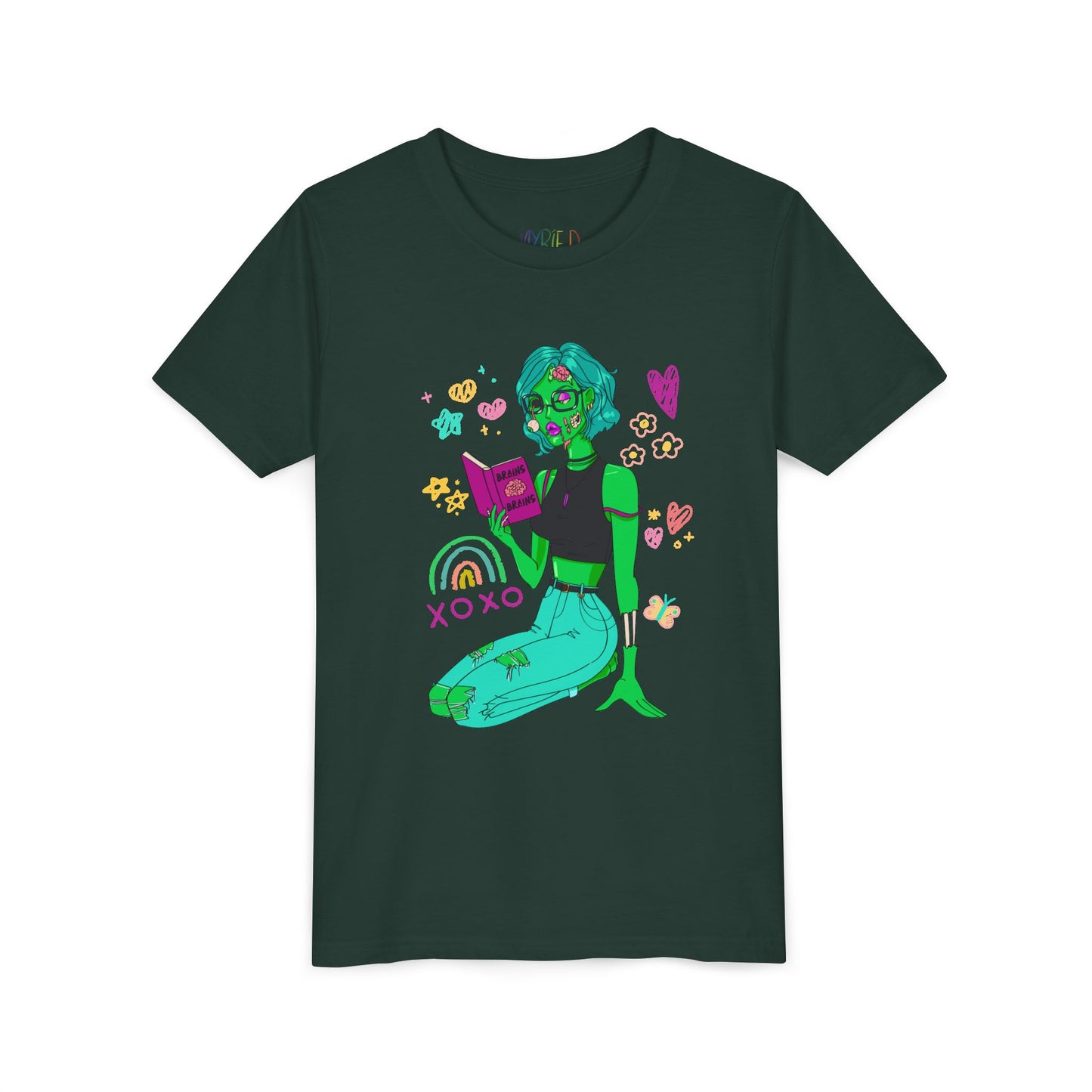 Dark green t-shirt with a girl zombie reading a book, surrounded by colorful doodles