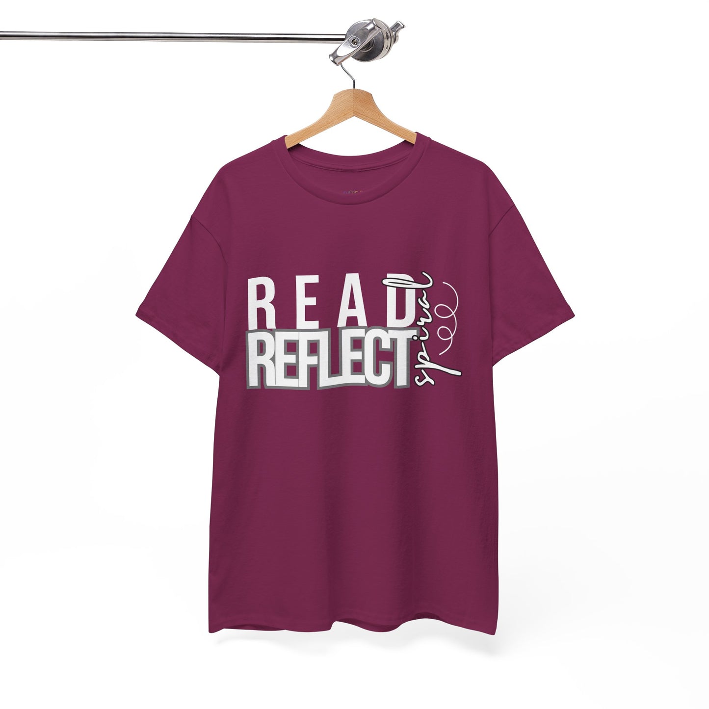 Berry t-shirt with 'READ REFLECT SPIRAL' text 