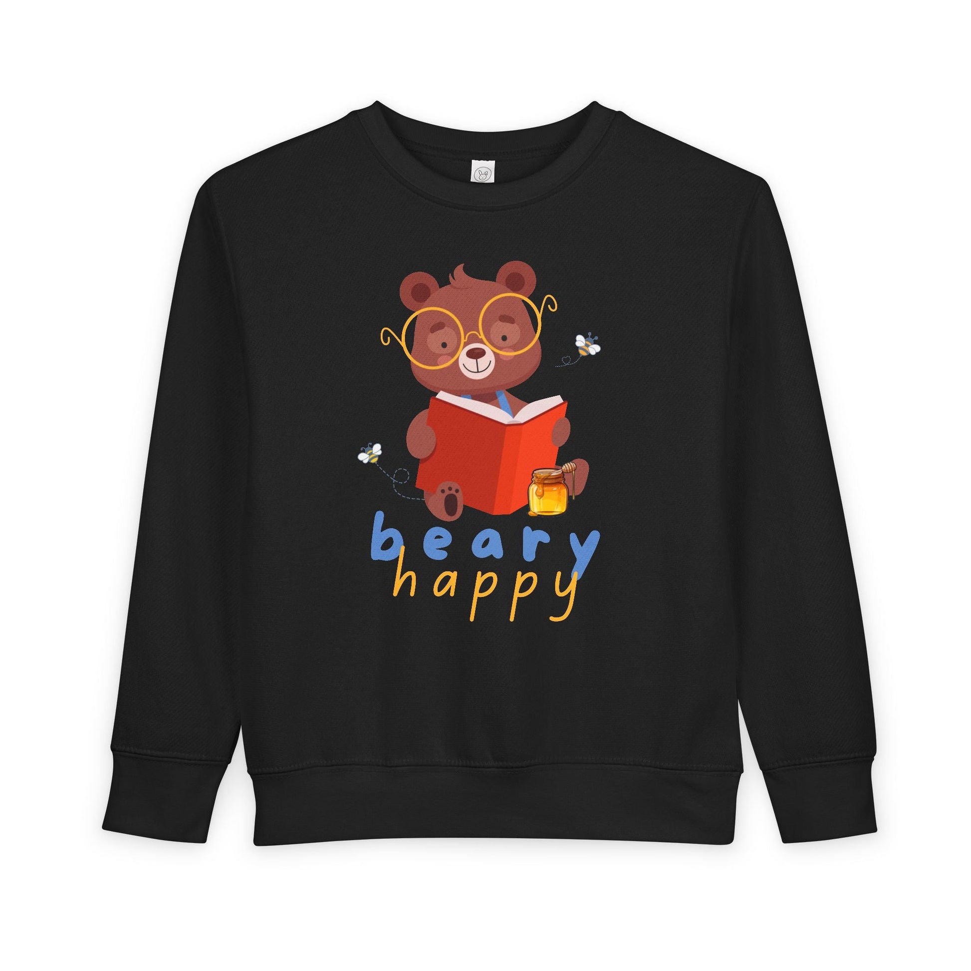 Black toddler sweatshirt with a bear wearing large yellow glasses and reading a book with a smackrel of honey nearby for a snack and text 'beary happy' on a white background
