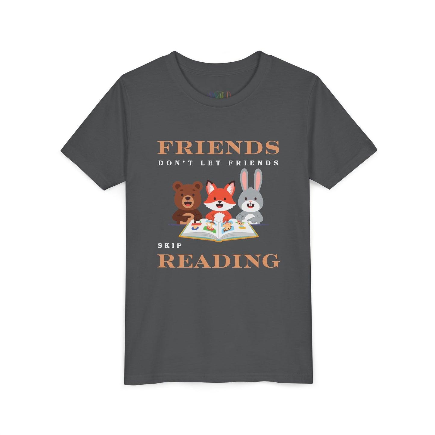 Gray t-shirt with cartoon animals reading a book and text 'Friends don't let friends skip reading' 