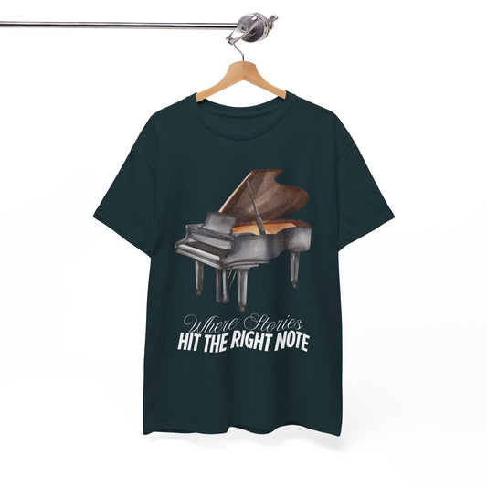 Dark (midnight) t-shirt with a piano graphic and text 'Where Stories Hi The Right Note'