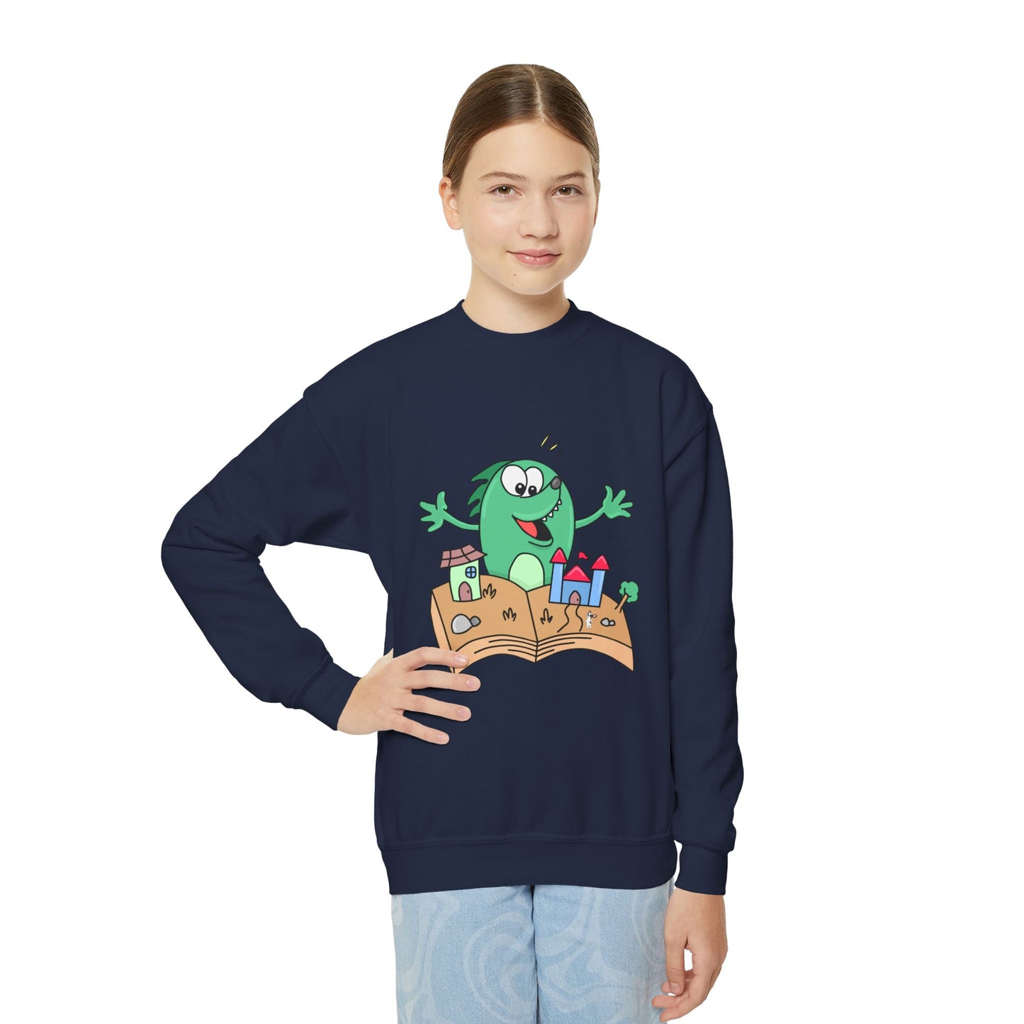 Girl wearing a navy blue sweatshirt with a cartoon dog excited about a 3D book