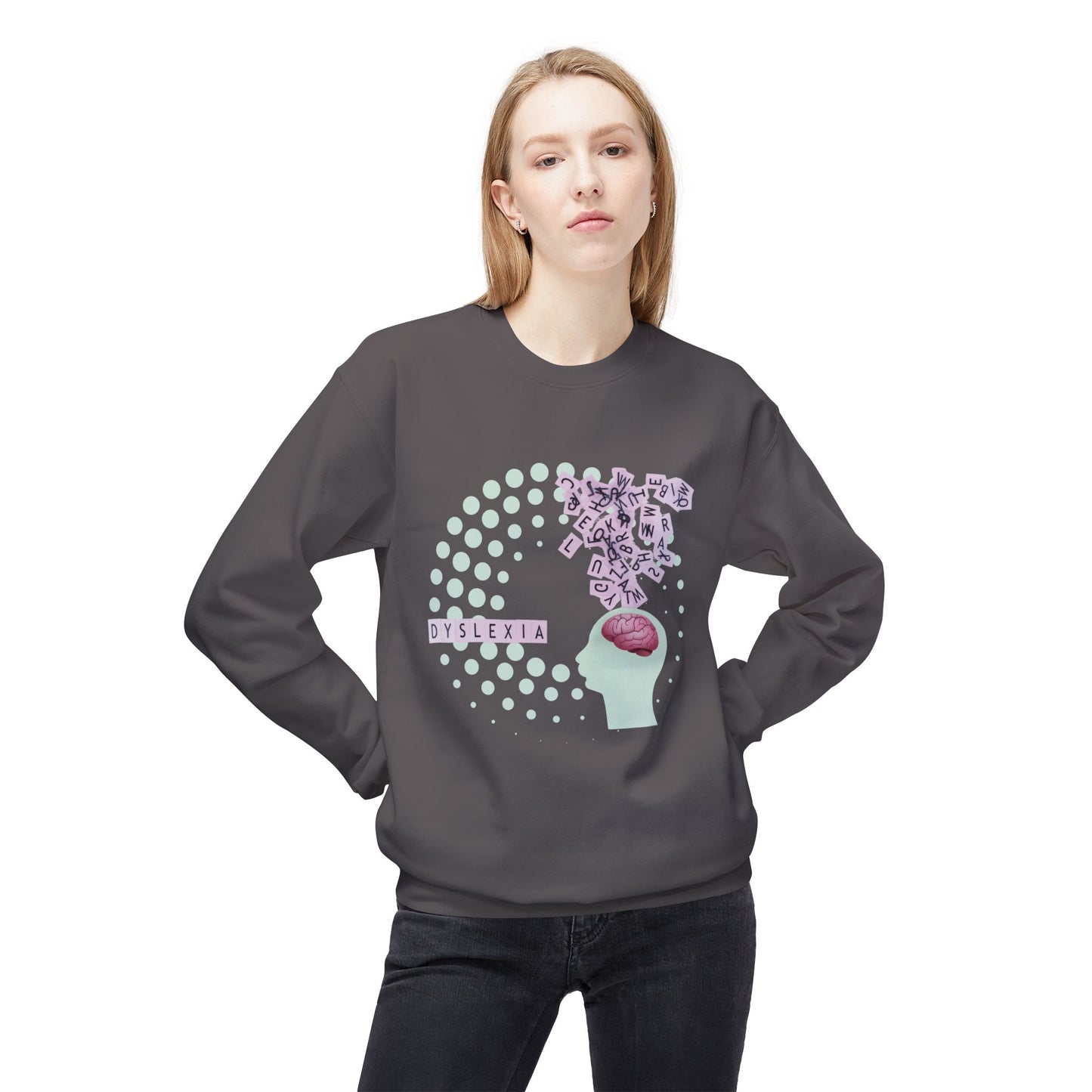 Woman wearing a gray sweatshirt with swirling letters dyslexia graphic design 