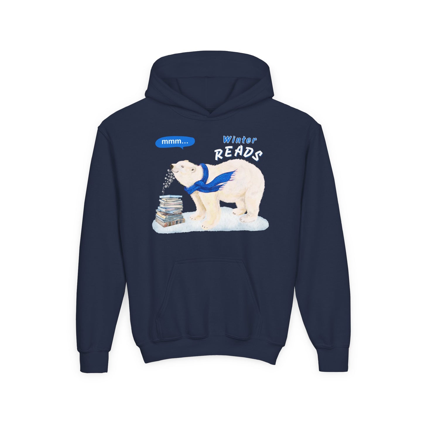 Navy blue hoodie with a polar bear smelling a stack of books and text "mmm... winter reads' 