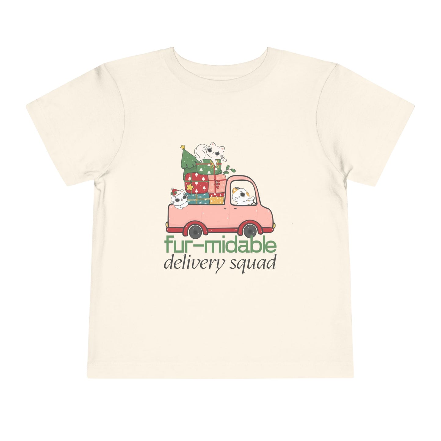 Beige toddler t-shirt with a festive pink truck full of kitties and presents, text 'fur-midable delivery squad' 