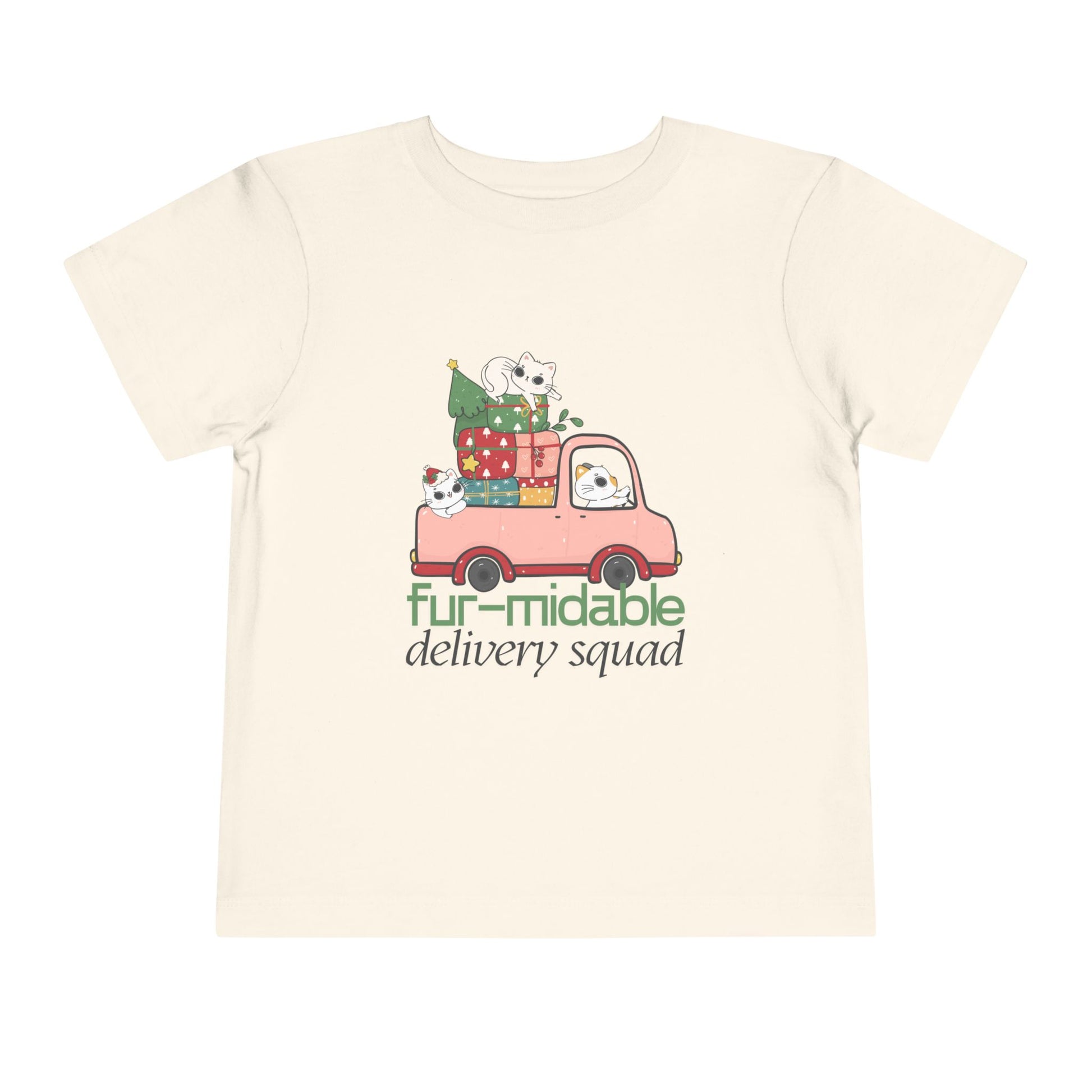 Beige toddler t-shirt with a festive pink truck full of kitties and presents, text 'fur-midable delivery squad' 