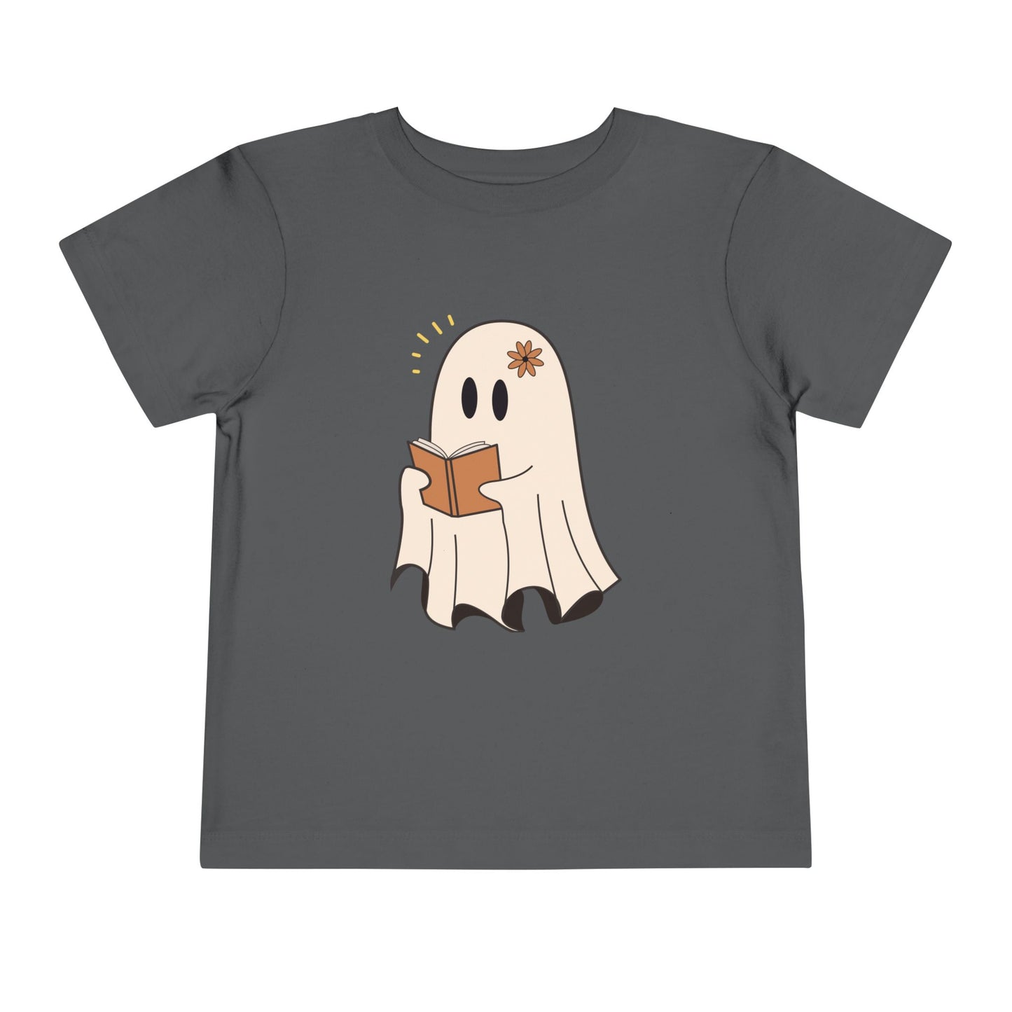 Gray toddler t-shirt with a cartoon ghost reading a book 