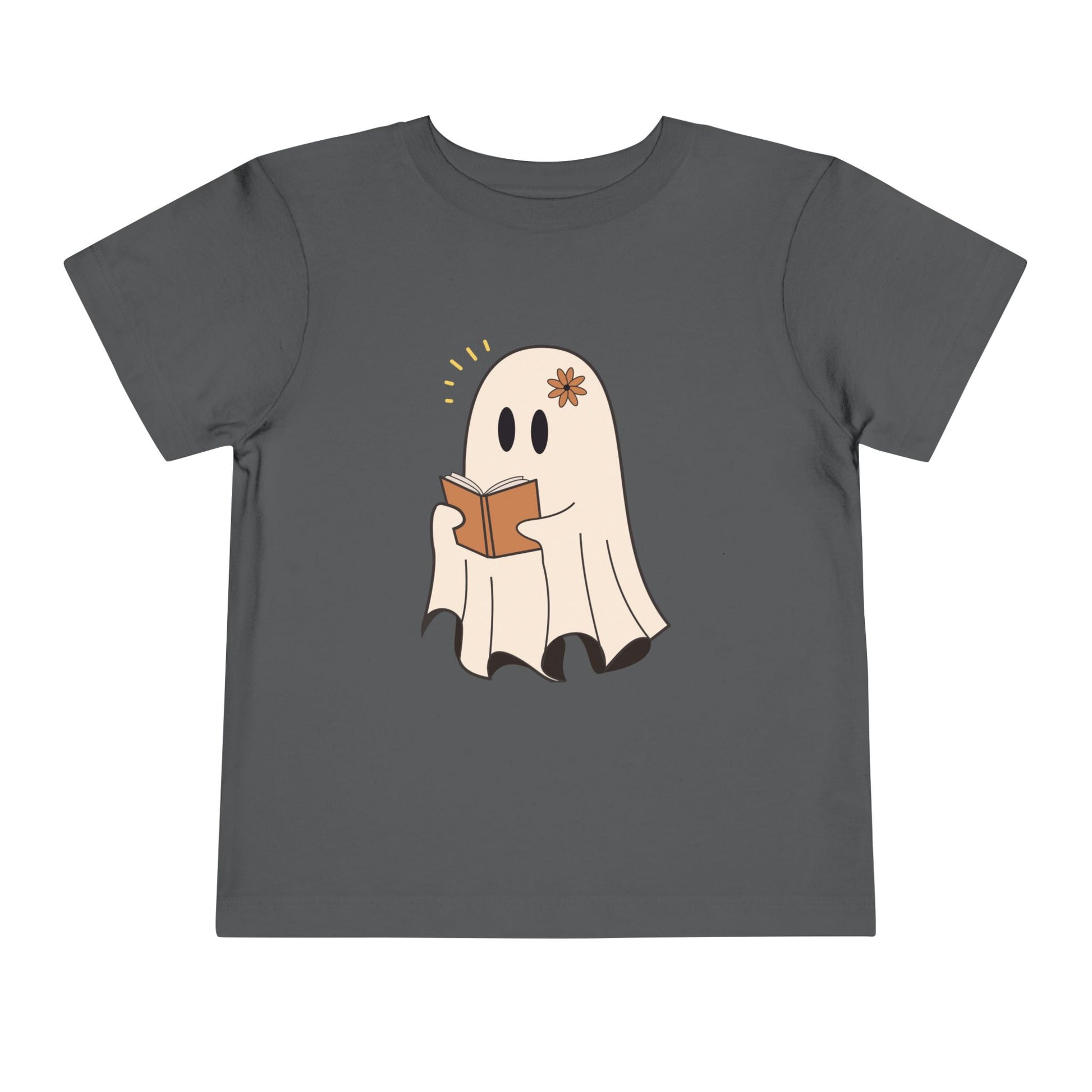 Gray toddler t-shirt with a cartoon ghost reading a book 