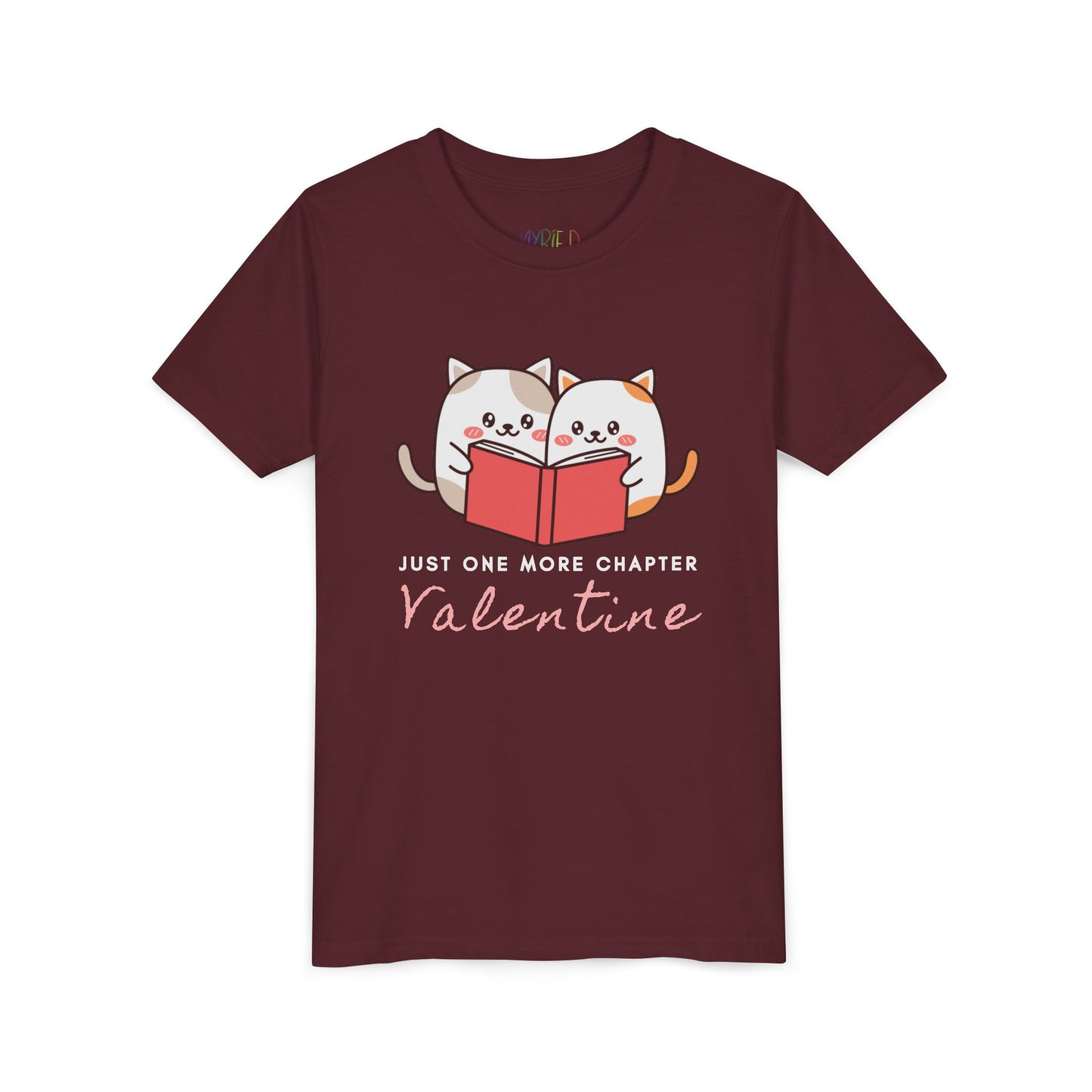 Maroon t-shirt with two cartoon cats reading a book and 'Just One More Chapter Valentine' text 