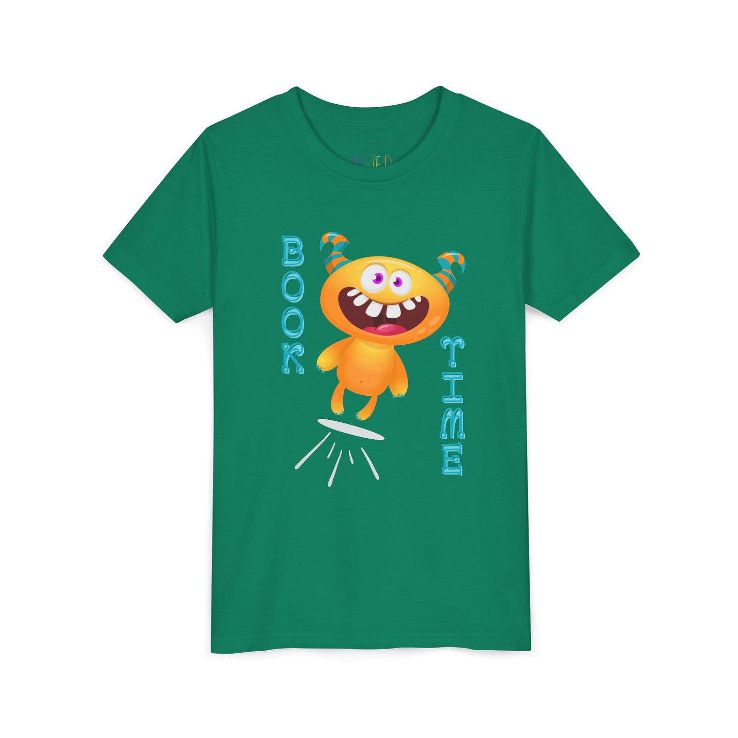 Green t-shirt with a jumping monster and text 'Book Time'