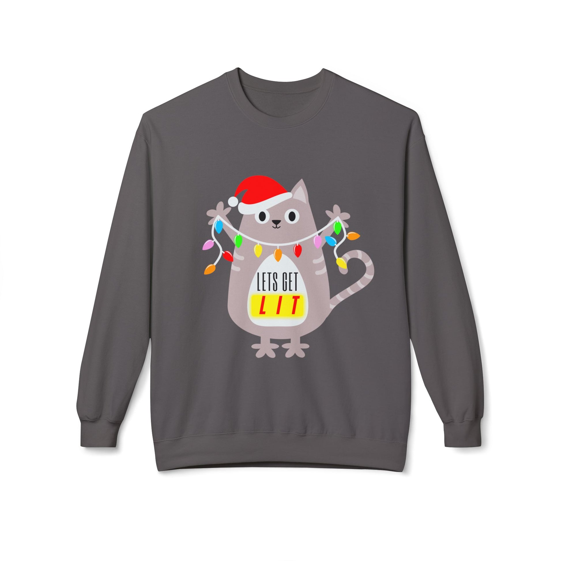 Gray sweatshirt with a cat holding up a string of lights, text 'lets get lit' 