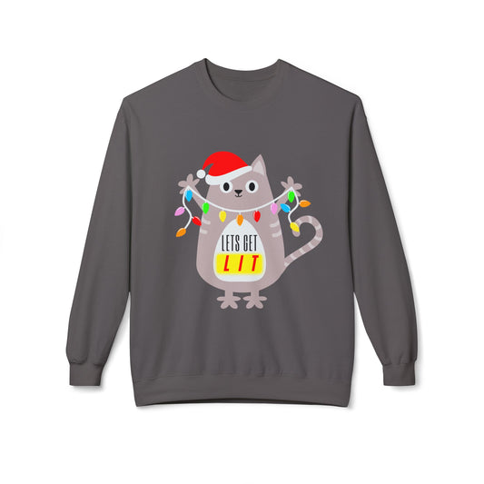 Gray sweatshirt with a cat holding up a string of lights, text 'lets get lit' 