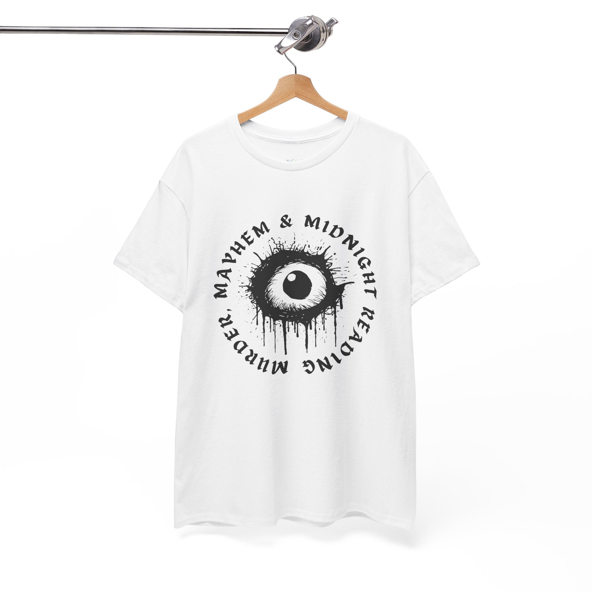 White t-shirt with creepy eye graphic and text 'Murder, Mayhem & Midnight Reading' on a hanger against a white background