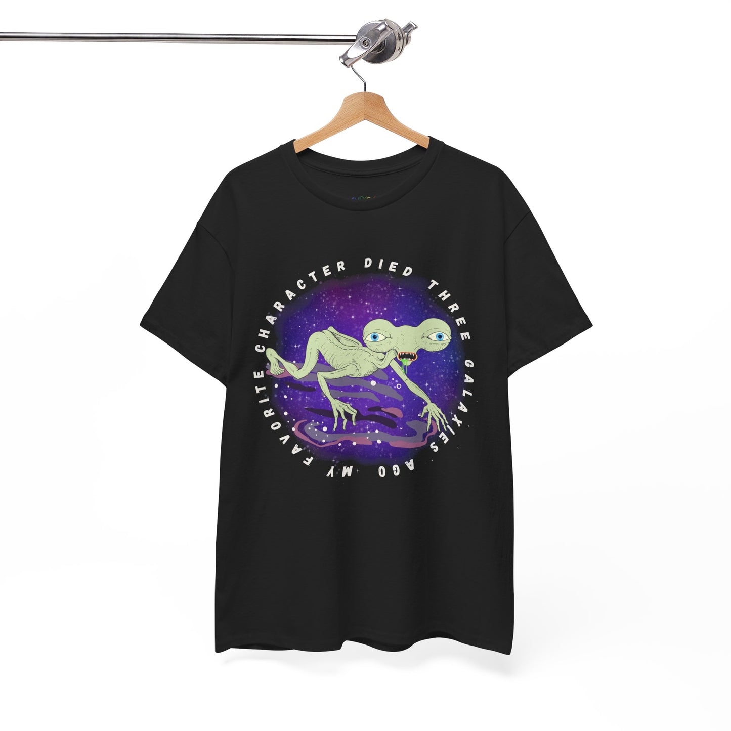 Black t-shirt with sickly alien crawling on it's knees and text 'My Favorite Character Died Three Galaxies Ago' 