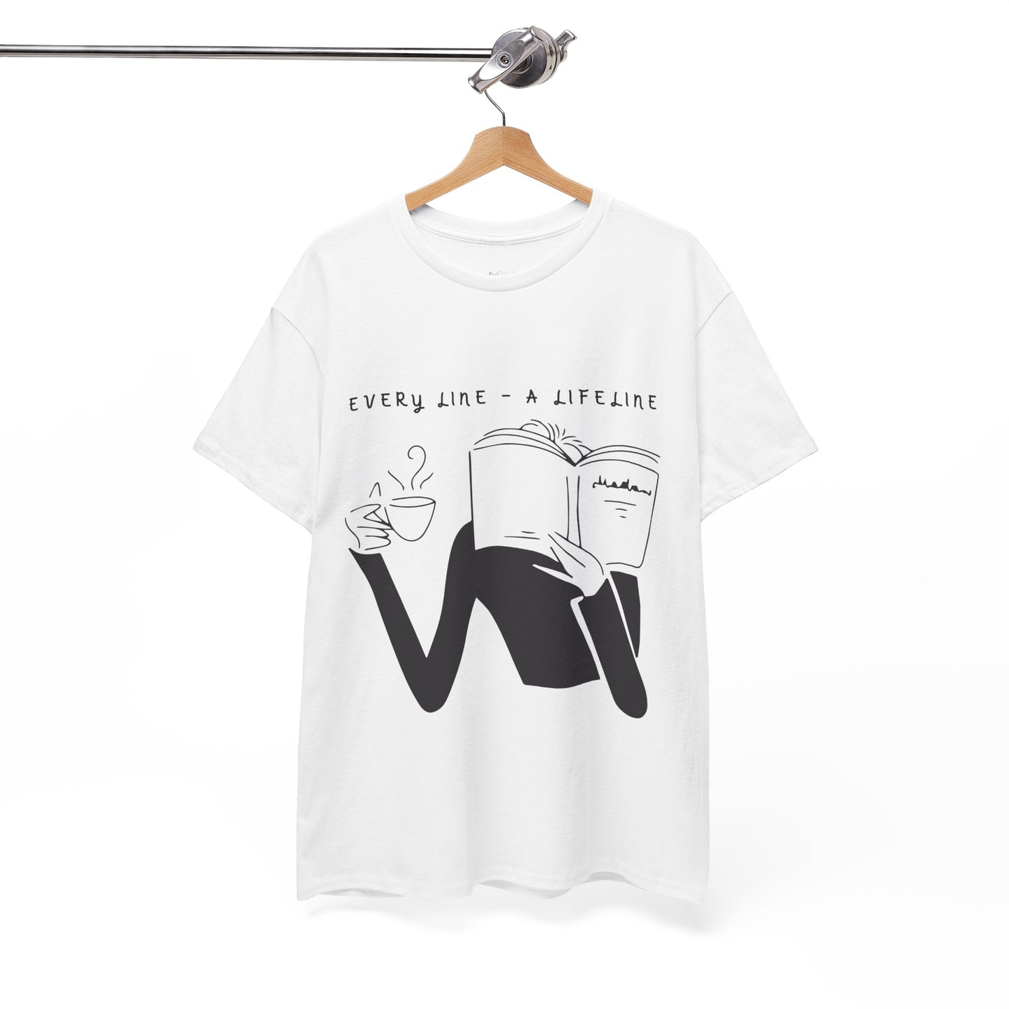 White t-shirt with white graphics of someone holding up a hot beverage and a book as they read, text 'Every Line - A Lifeline' 