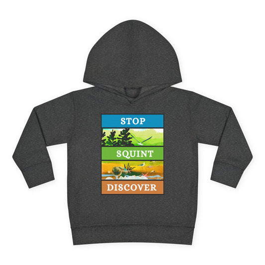 Curious cartoon magnifying glass and leafy plants with the words “Stop • Squint • Discover” in playful lettering — printed on a toddler hoodie.