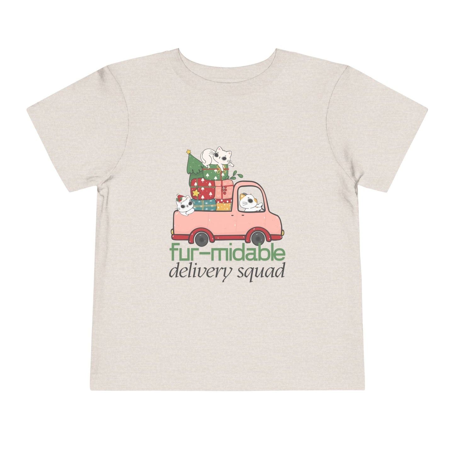 Tan/gray toddler t-shirt with a festive pink truck full of kitties and presents, text 'fur-midable delivery squad' 
