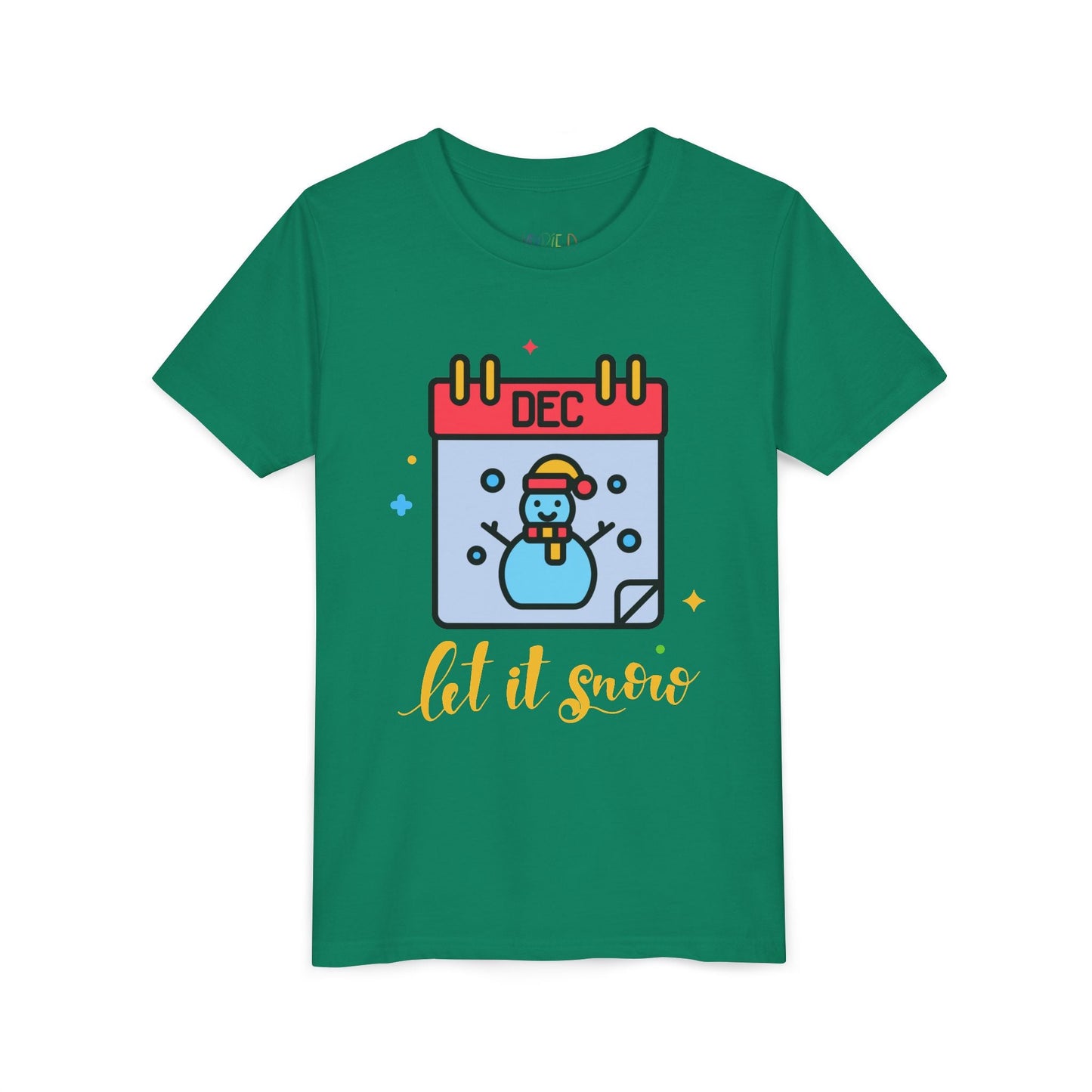 Green t-shirt with a snowman calendar design and 'let it snow' text on a white background