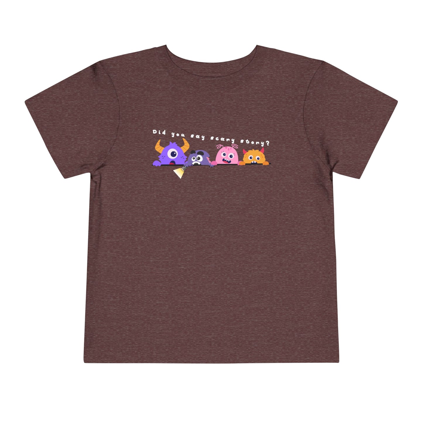 Maroon t-shirt with a row of scared cartoon monsters peeking over a ledge and text 'Did You Say Scary Story?'