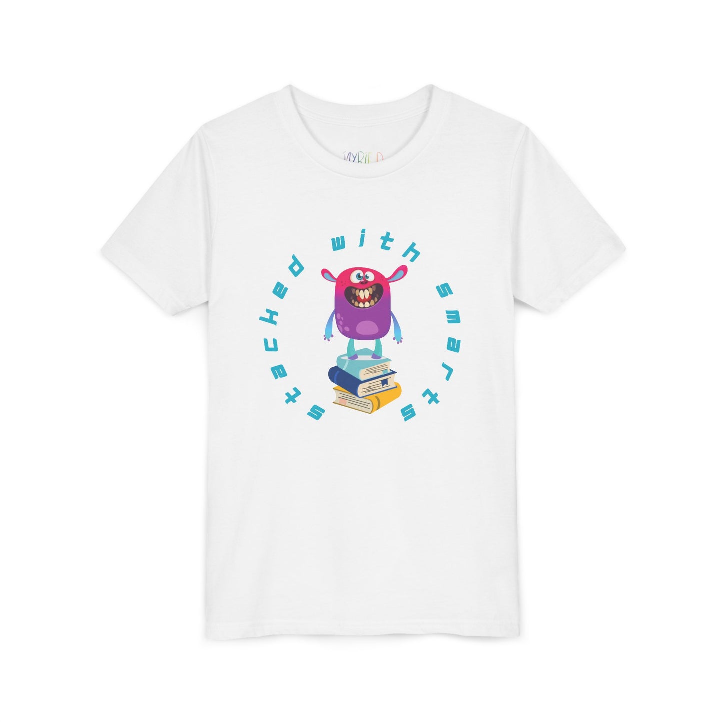 White t-shirt with a colorful, toothy monster graphic standing on a stack of books, circled by text 'STACKED WITH SMARTS'