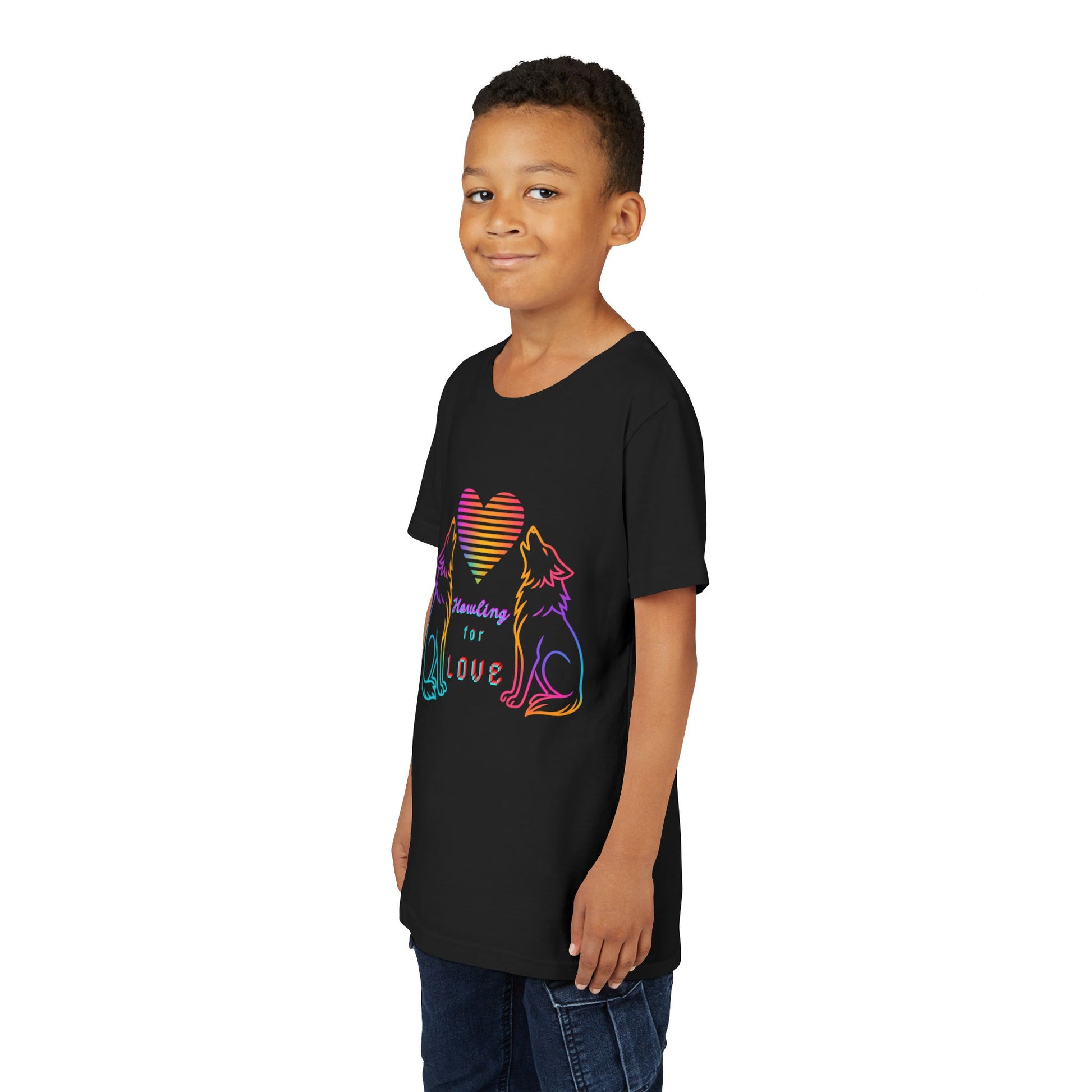 Boy wearing a black t-shirt with two rainbow wolves howling at a heart and text 'Howling For Love' 