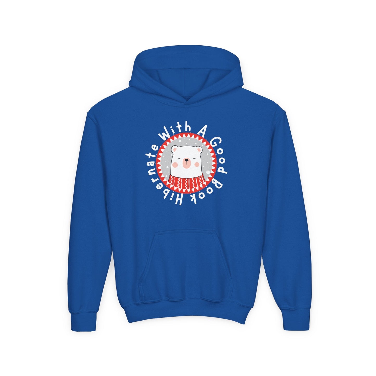 Youth Hibernate With a Good Book Hoodie â€“ Cozy Winter Bear Design Printify