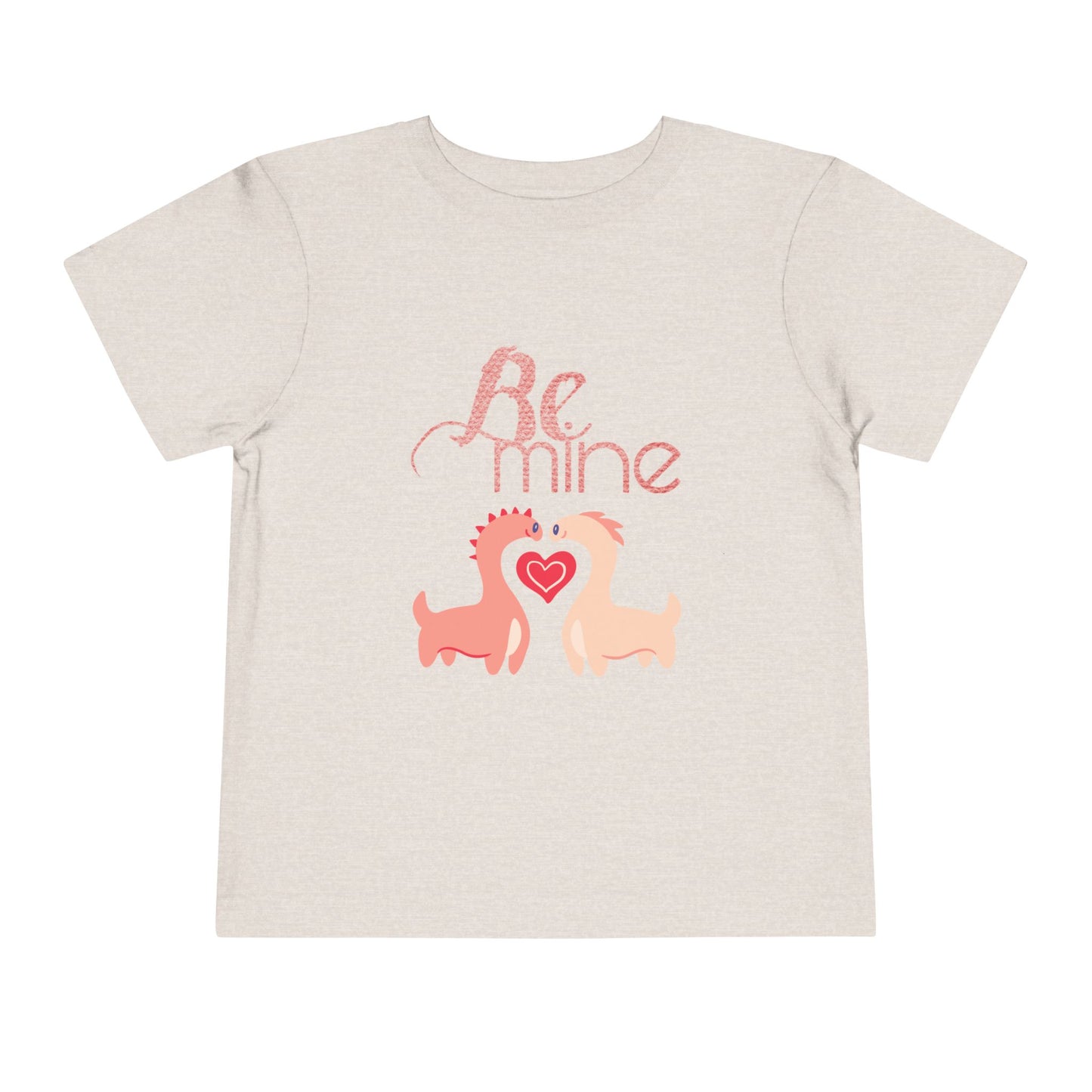 Dusty gray toddler t-shirt with two pink dinosaurs, a heart and 'Be Mine' text 