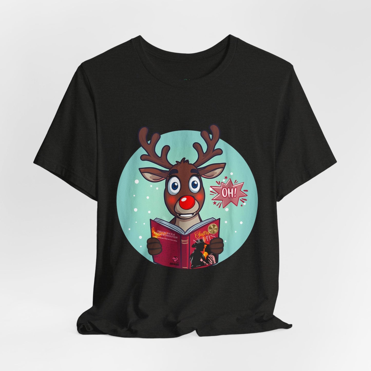 Teen/Adult Unisex Reindeer Shocked While Reading T-Shirt â€“ Funny Christmas Book Lover Design Printify