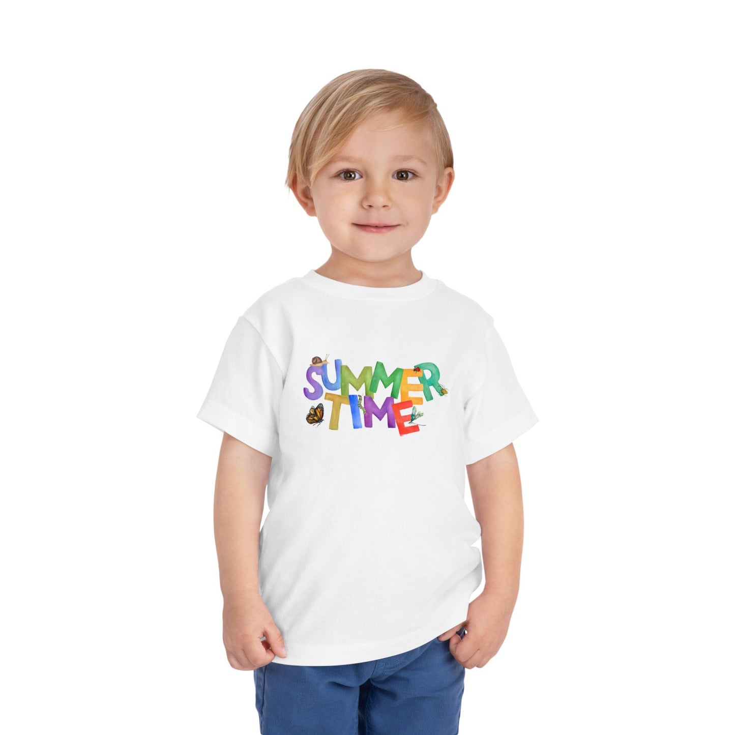 Toddler wearing a white t-shirt with 'SUMMER TIME' text and a variety of bugs 