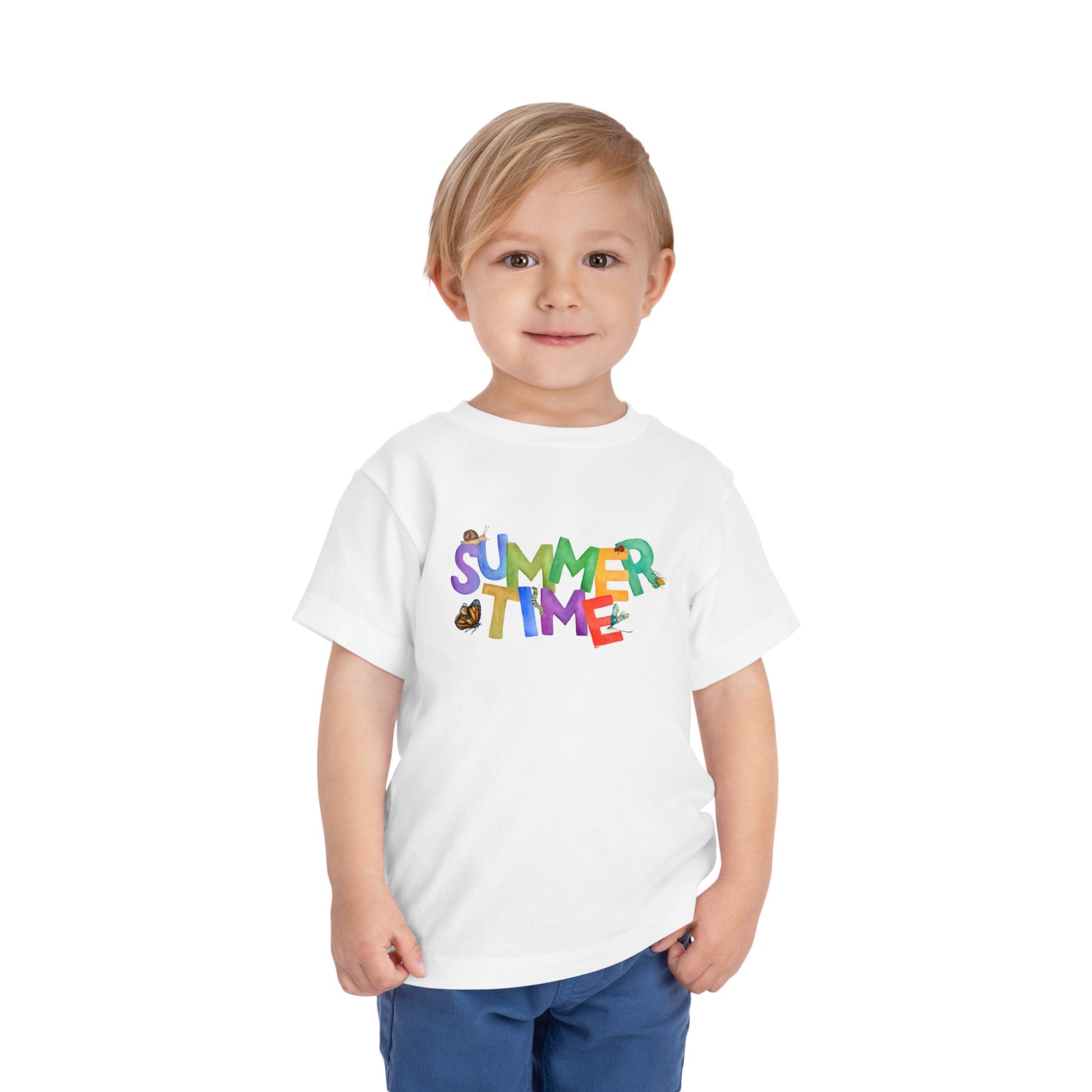 Toddler wearing a white t-shirt with 'SUMMER TIME' text and a variety of bugs 