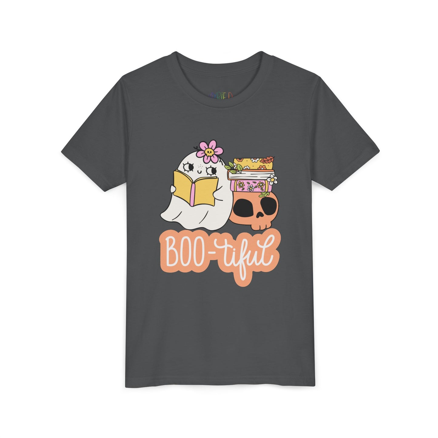 Youth Boo-tiful Halloween Tee – Cute Ghost & Books Design