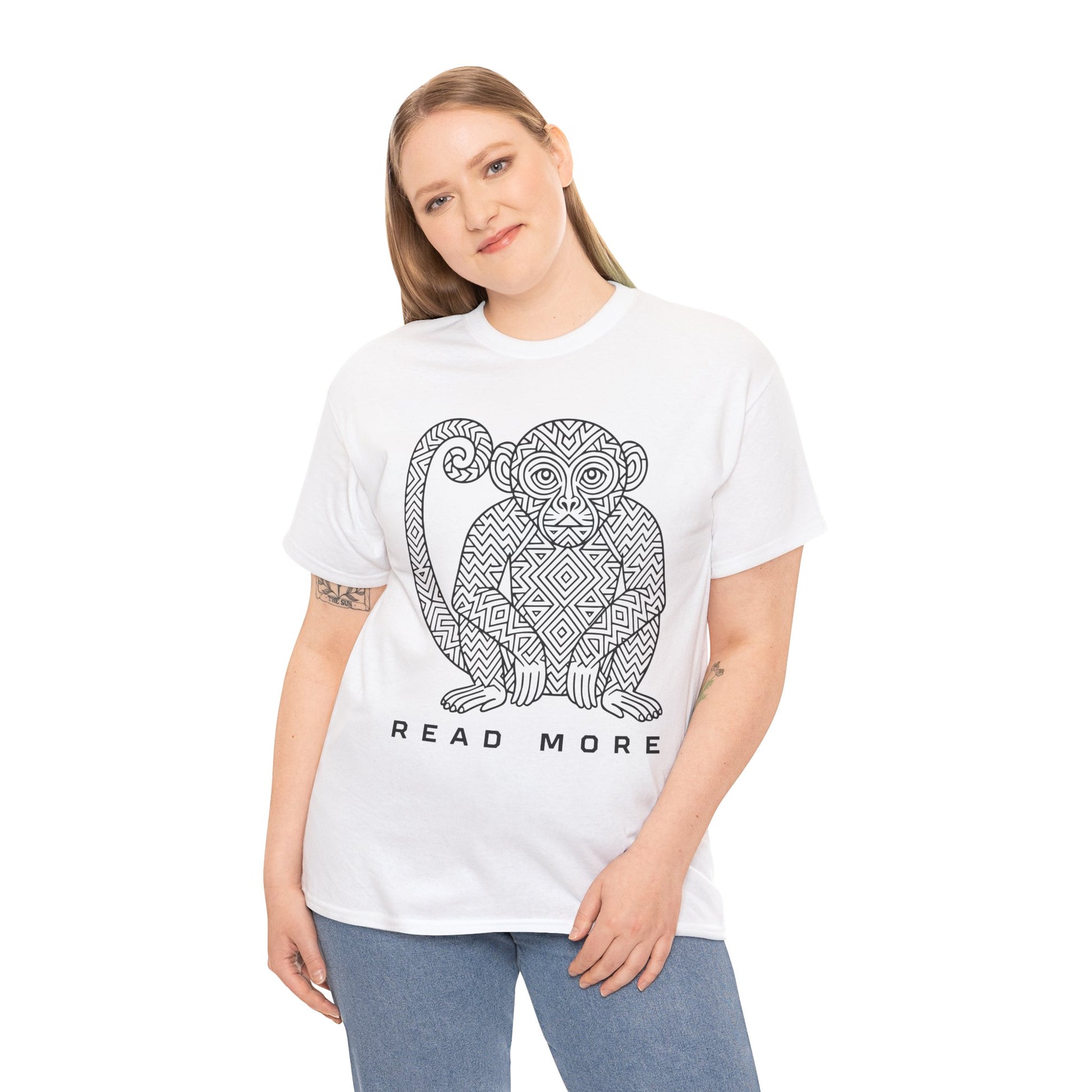 Woman wearing a white t-shirt with a monkey graphic and 'Read More' text