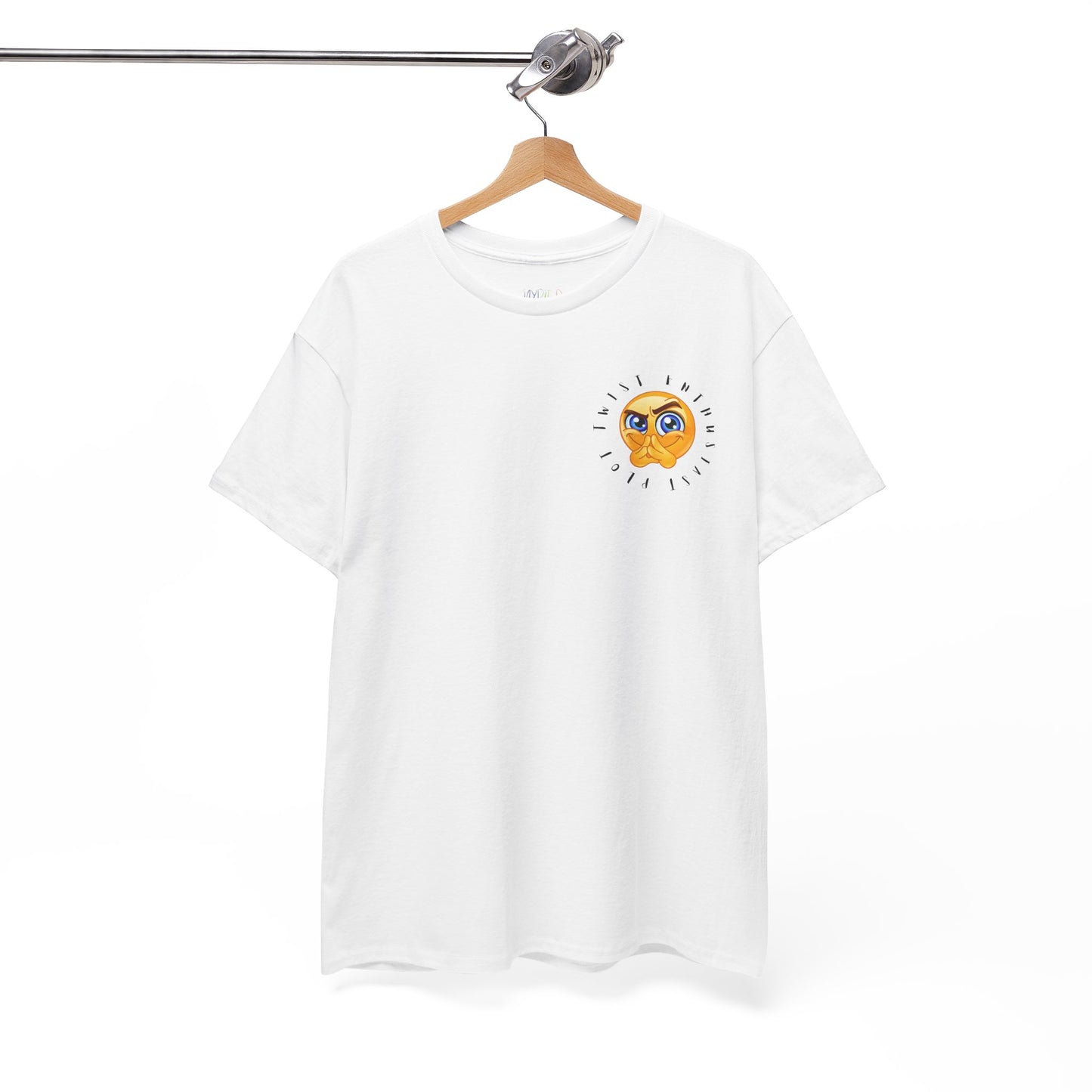 White t-shirt with a small emoji circled by text 'Plot Twist Enthusiast' 