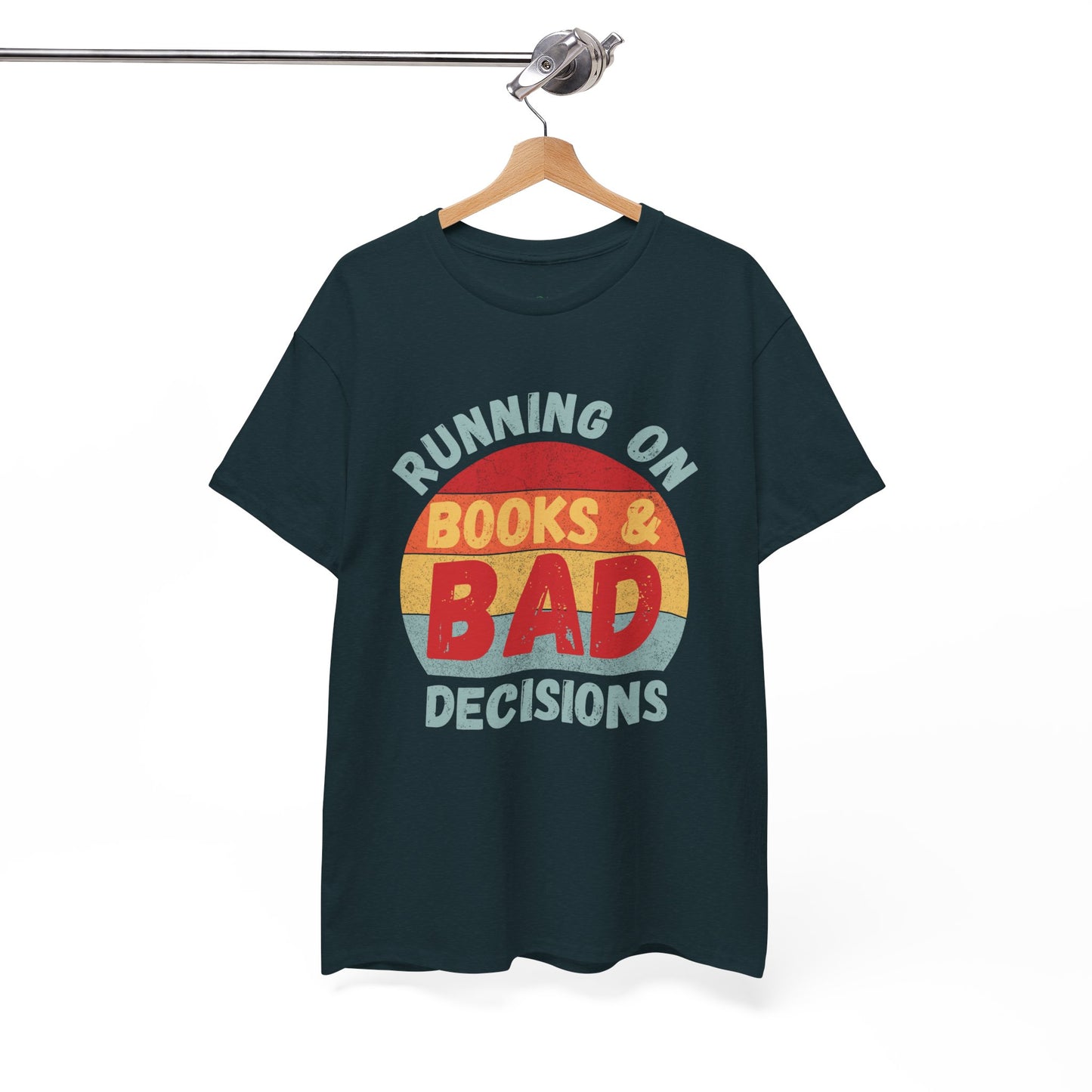 Dark (midnight) t-shirt with colorful retro striped sunset and text 'Running On Books & Bad Decisions' 