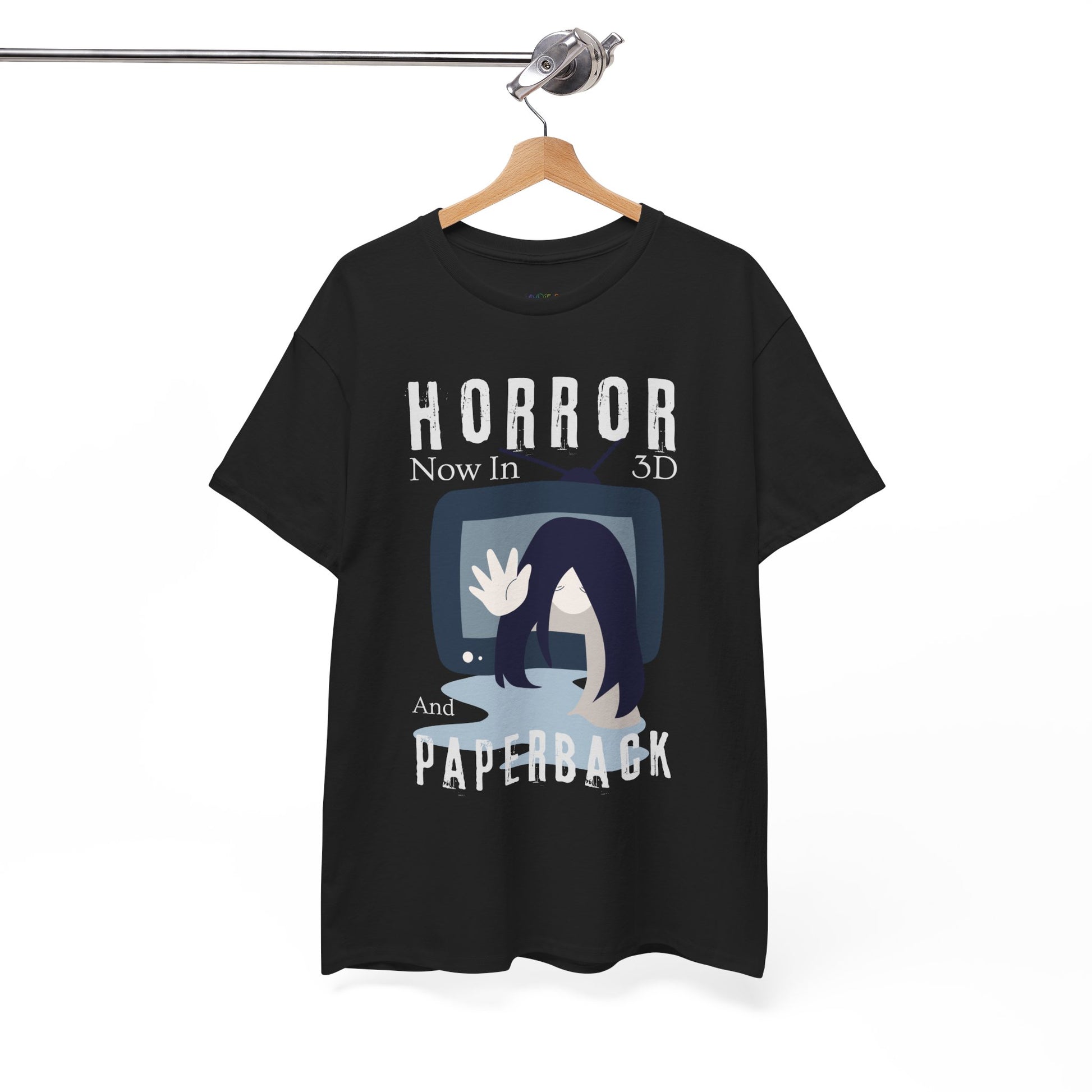 Black t-shirt with horror-themed Ring graphic and text 'Horror Now in 3D And Paperback' on a hanger against a white background