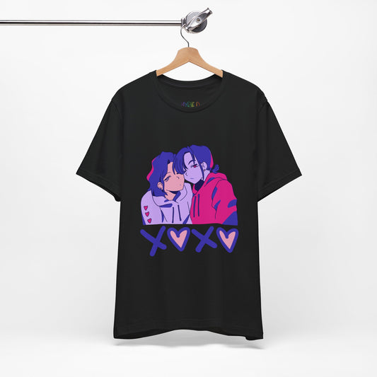 Black t-shirt with an anime pink, purple and blue graphic design of two people leaning in together above a row of XOXO (O's in the shape of hearts)
