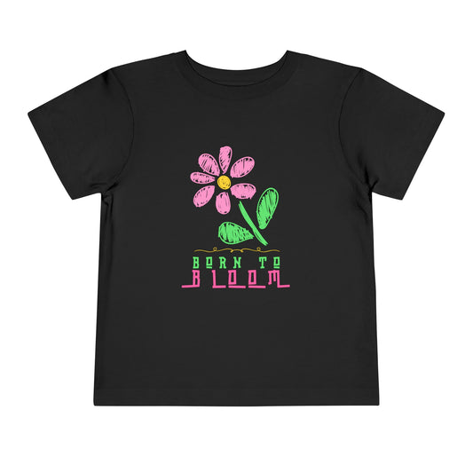 Black t-shirt with a sketched pink flower and 'Born to Bloom' text 