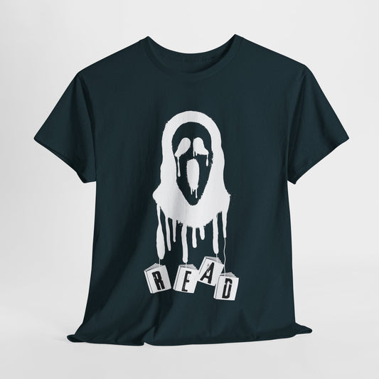 Teen/Adult Unisex Horror Mask READ T-Shirt – Creepy Book Lover Graphic Tee
