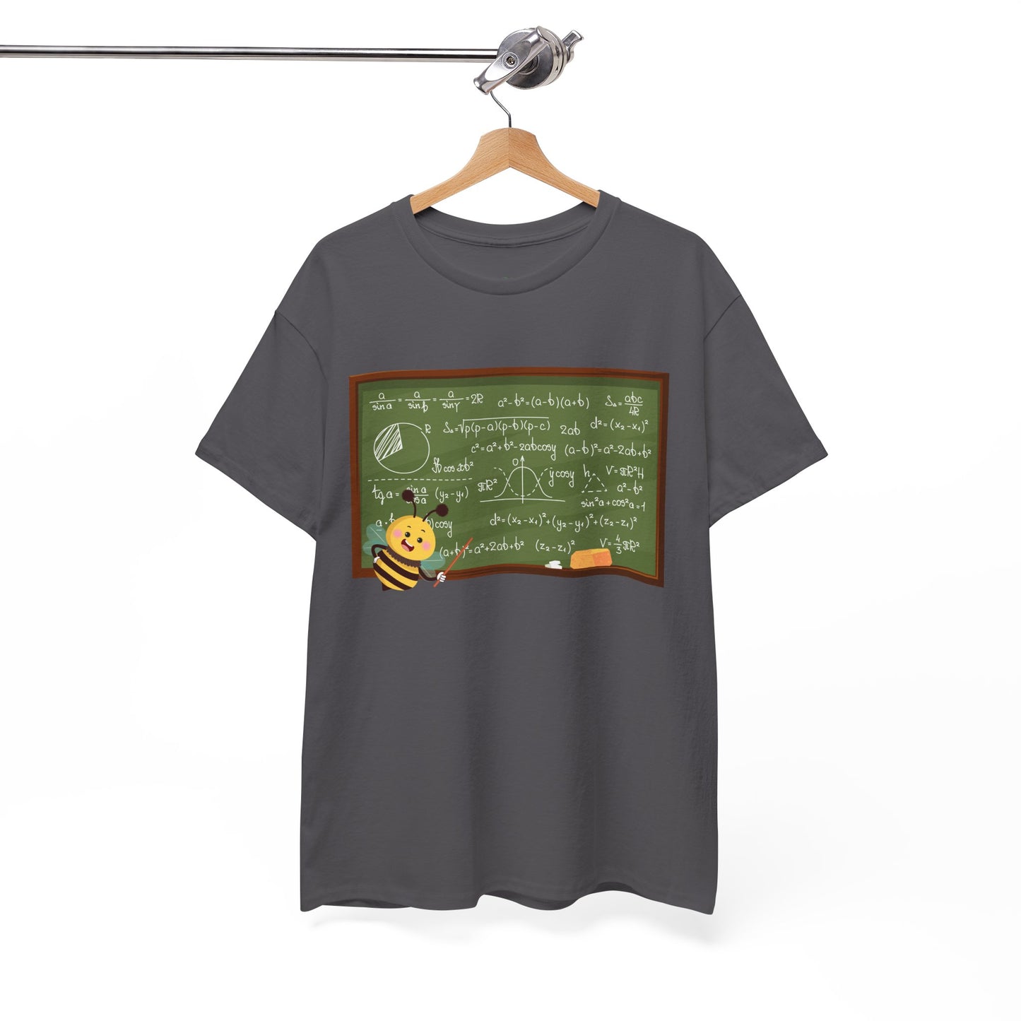 Gray t-shirt with a graphic of bee pointing at a chalk board with mathematical equations 