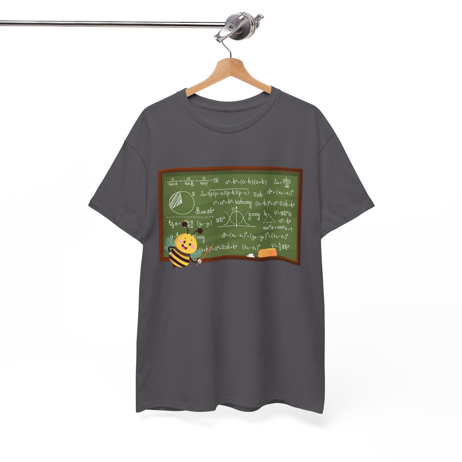 Gray t-shirt with a graphic of bee pointing at a chalk board with mathematical equations 