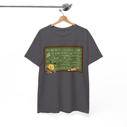 Gray t-shirt with a graphic of bee pointing at a chalk board with mathematical equations 