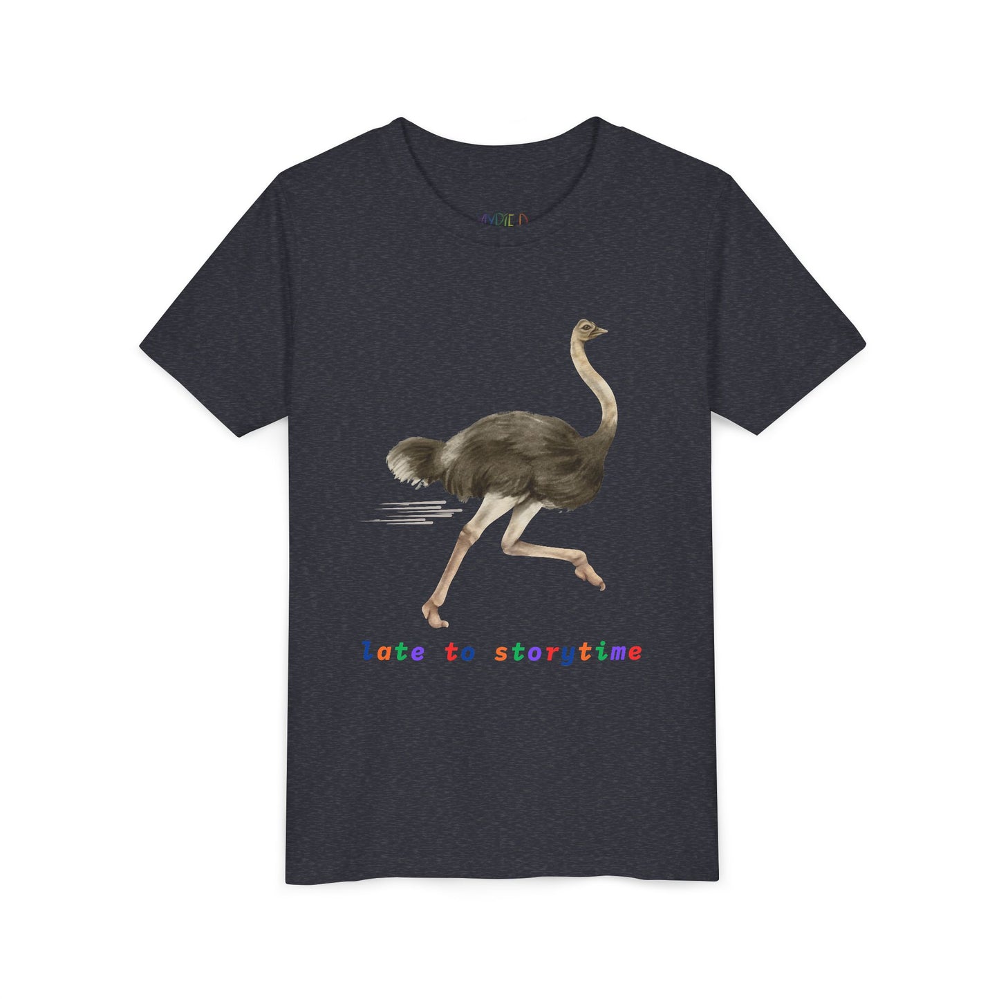 Youth Late to Storytime Tee – Funny Ostrich Shirt for Bookish Speedsters