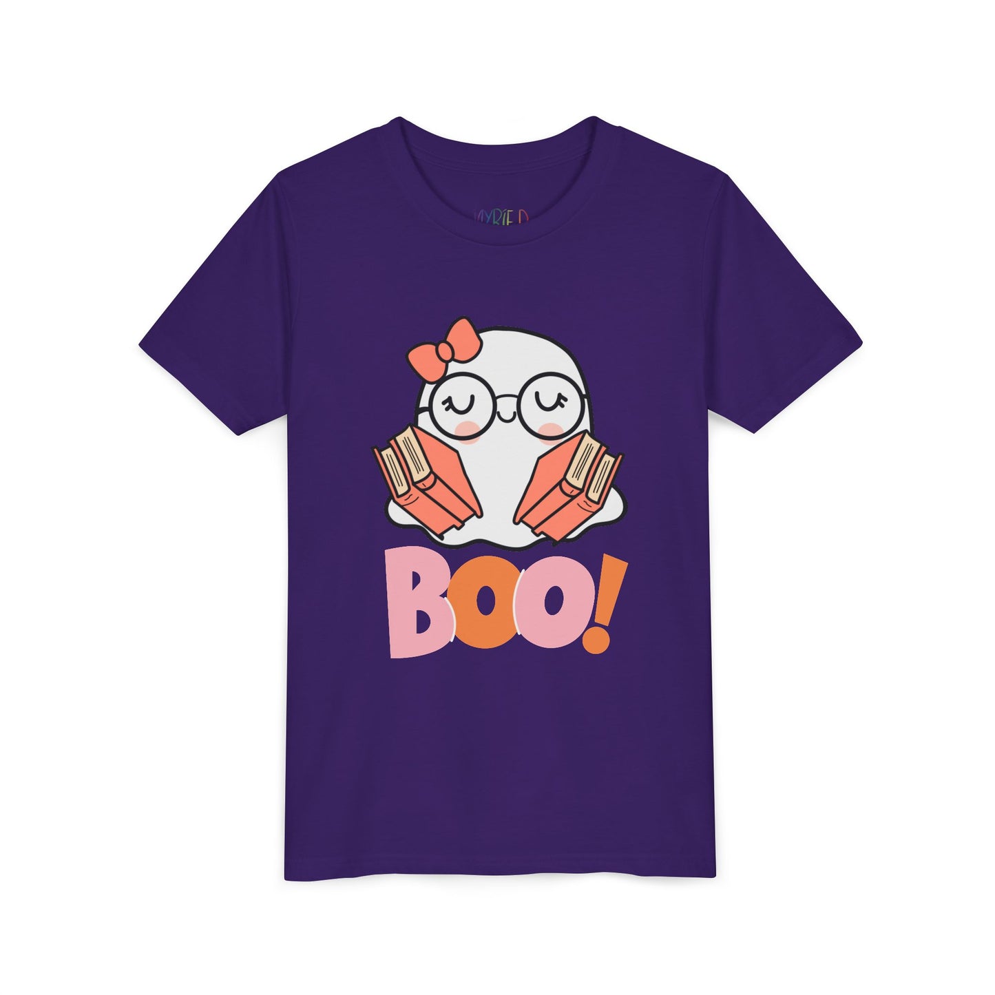 Purple t-shirt with an eyeglass wearing ghost holding two armfuls of books and 'BOO!' text