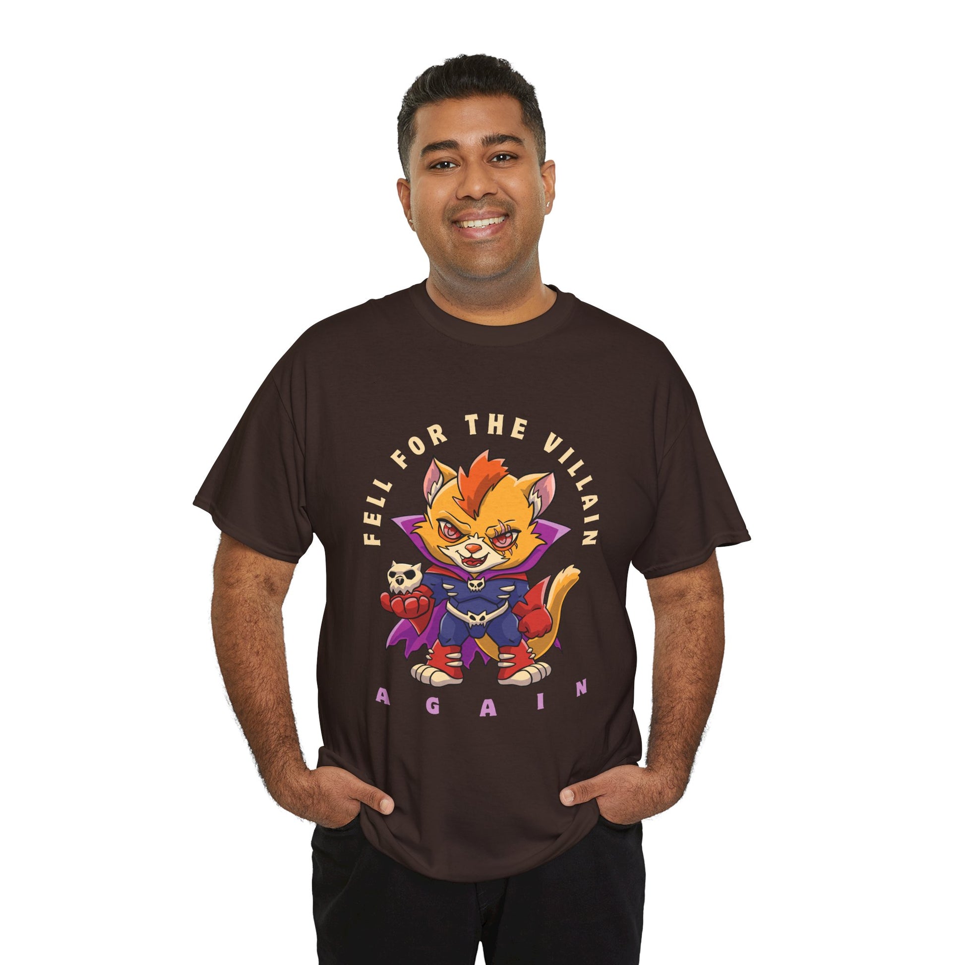 Man wearing a brown t-shirt with a cartoon cat villain and text 'Fell For the Villain AGAIN'