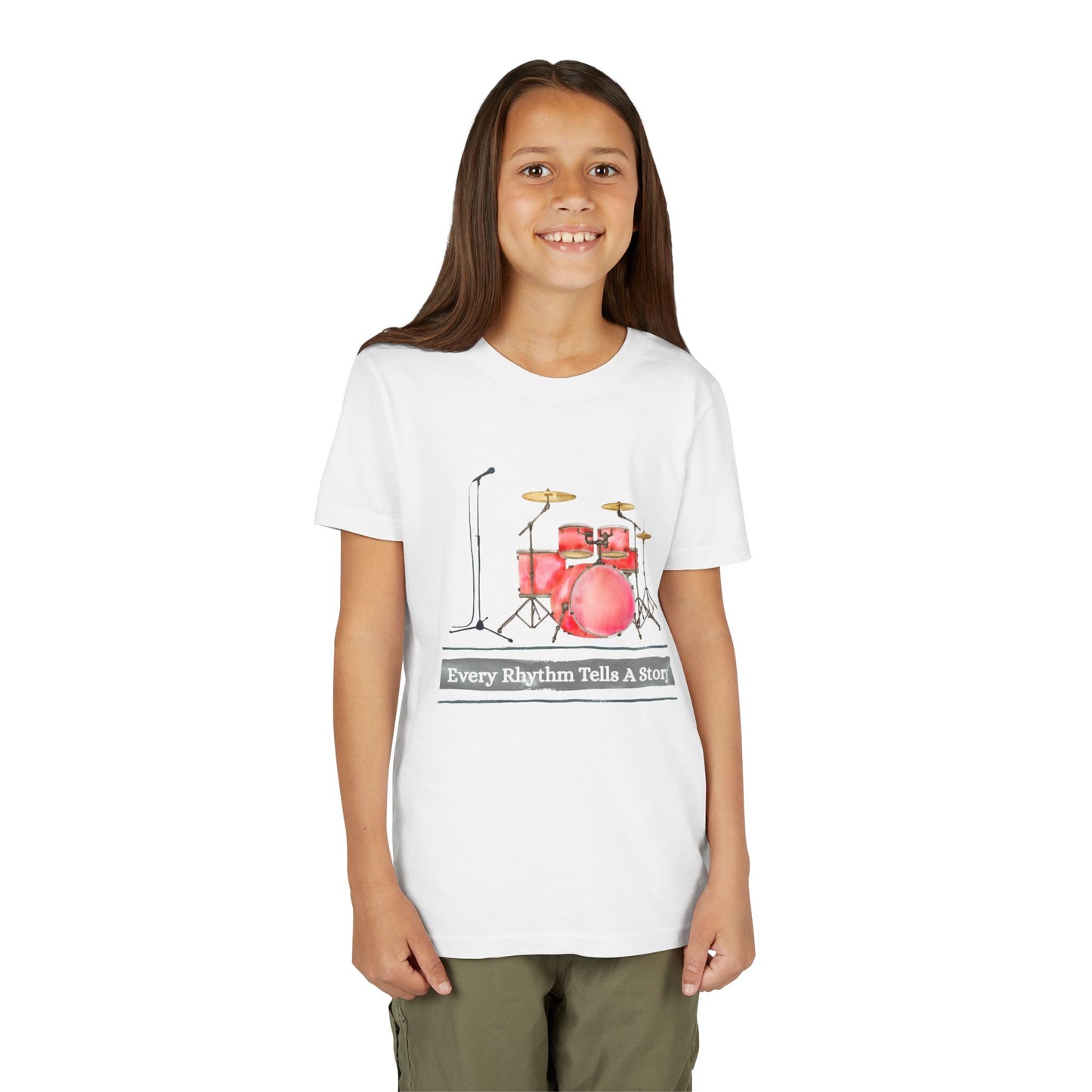 Girl wearing a white t-shirt with a microphone, drum set and text 'Every Rhythm Tells A Story' 