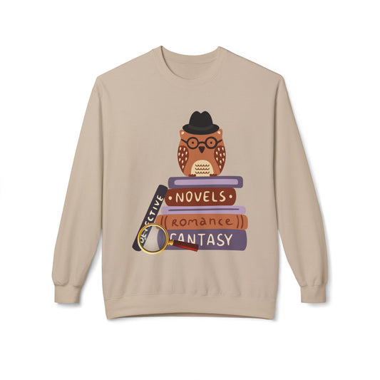 Teen/Adult Unisex Genre Detective Sweatshirt – Owl Book Lover Crewneck for Mystery, Romance & Fantasy